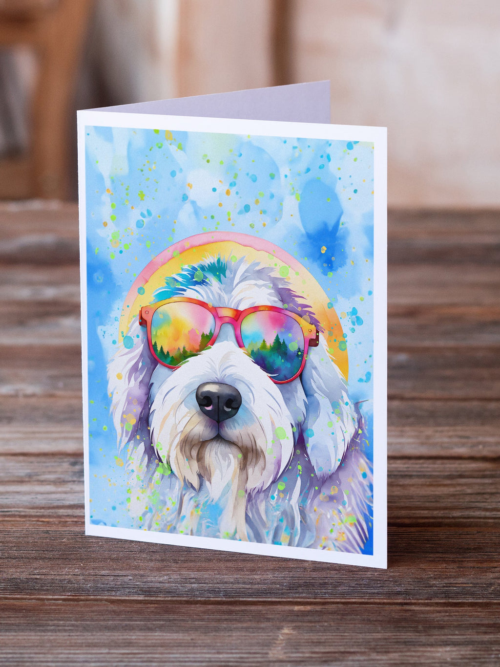 Old English Sheepdog Hippie Dawg Greeting Cards Pack of 8 Blank Cards with Envelopes Whimsical A7 Size 5x7