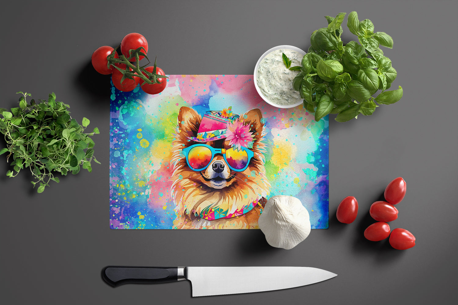 Pomeranian Hippie Dawg Cutting Board Tempered Glass Kitchen Cutting Surface, Heat Resistant Chopping, Non-Slip Feet, Food Prep & Serving