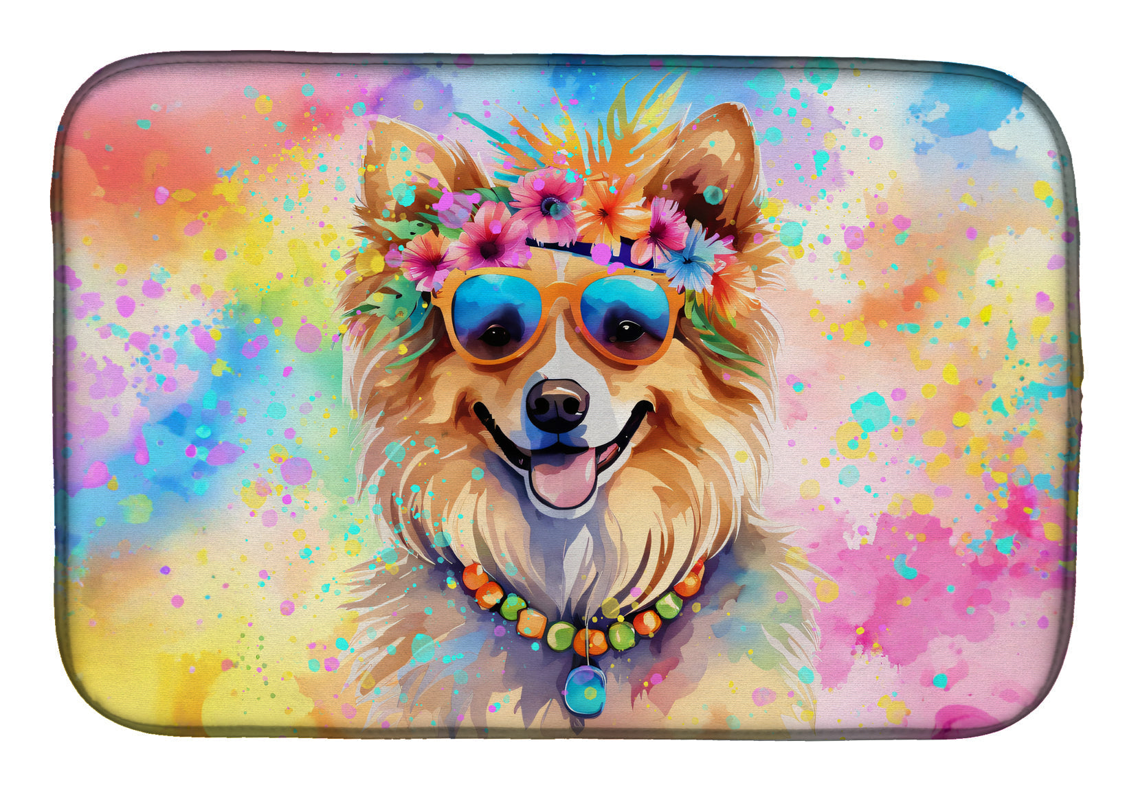 Pomeranian Hippie Dawg Dish Drying Mat Absorbent Dish Drying Mat Pad for Kitchen Counter Dish Drainer Mat for Countertop, 14 x 21", Multicolor