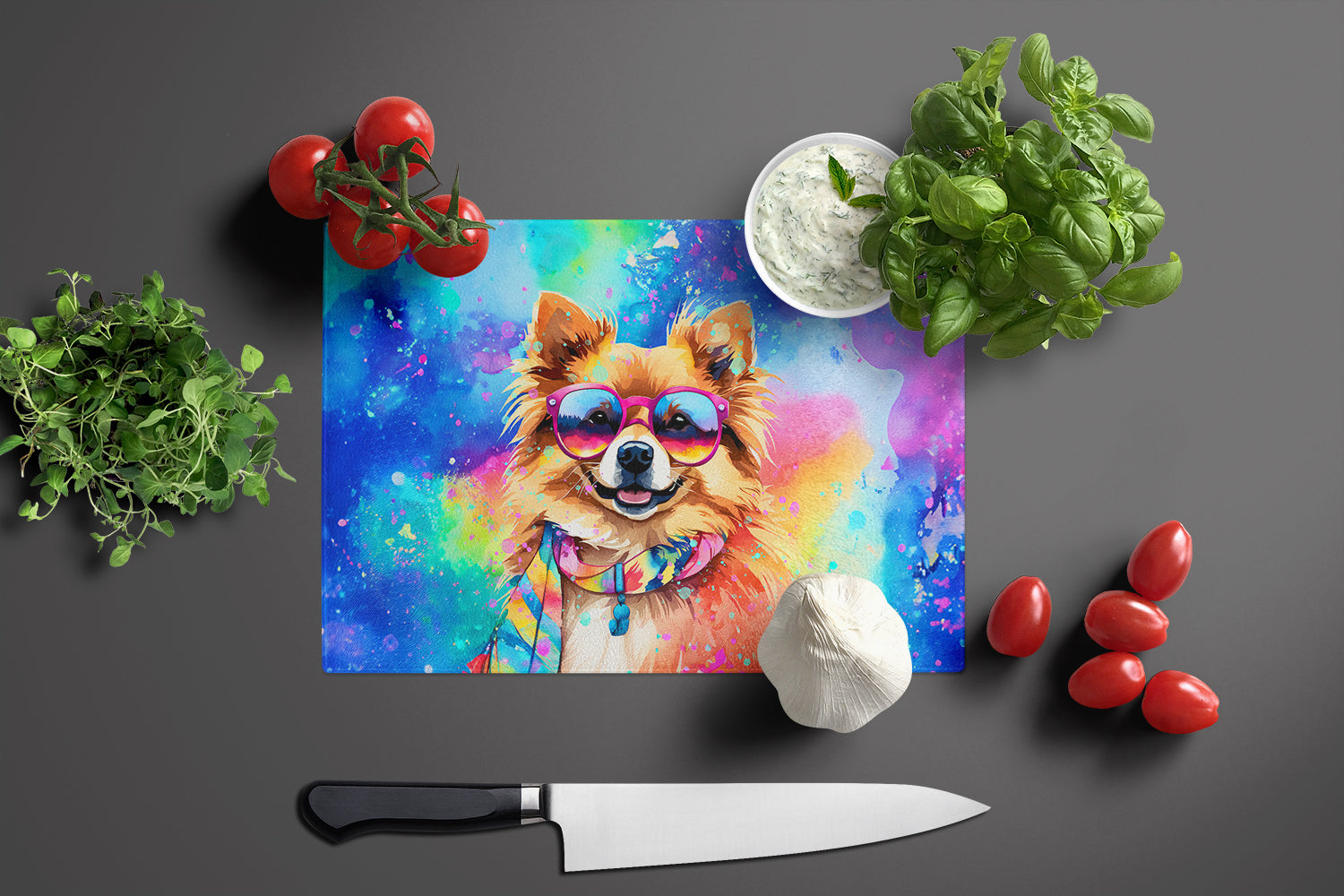 Pomeranian Hippie Dawg Cutting Board Tempered Glass Kitchen Cutting Surface, Heat Resistant Chopping, Non-Slip Feet, Food Prep & Serving