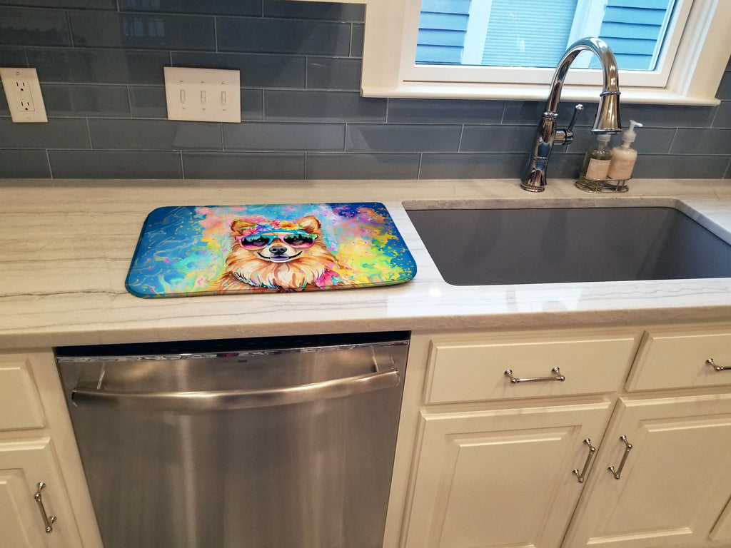 Pomeranian Hippie Dawg Dish Drying Mat Absorbent Dish Drying Mat Pad for Kitchen Counter Dish Drainer Mat for Countertop, 14 x 21", Multicolor