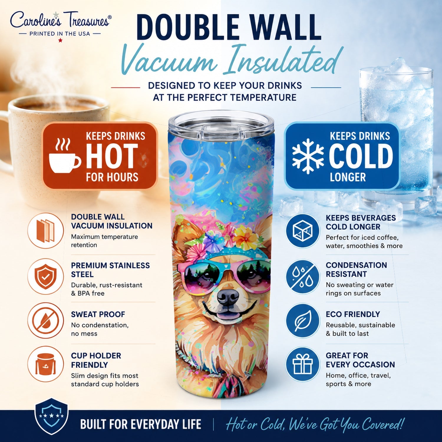 Pomeranian Hippie Dawg Stainless Steel Skinny Tumbler 20 oz Vacuum Double Walled Reusable Insulated Travel Cup