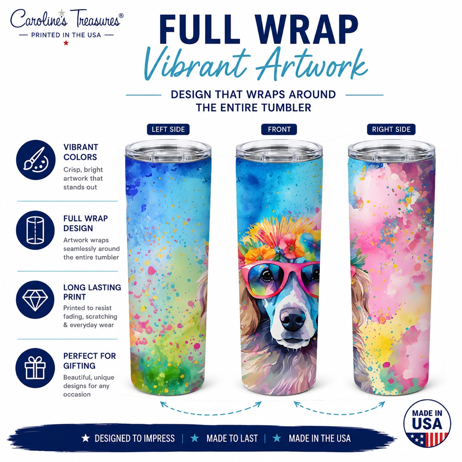 Poodle Hippie Dawg Stainless Steel Skinny Tumbler 20 oz Vacuum Double Walled Reusable Insulated Travel Cup