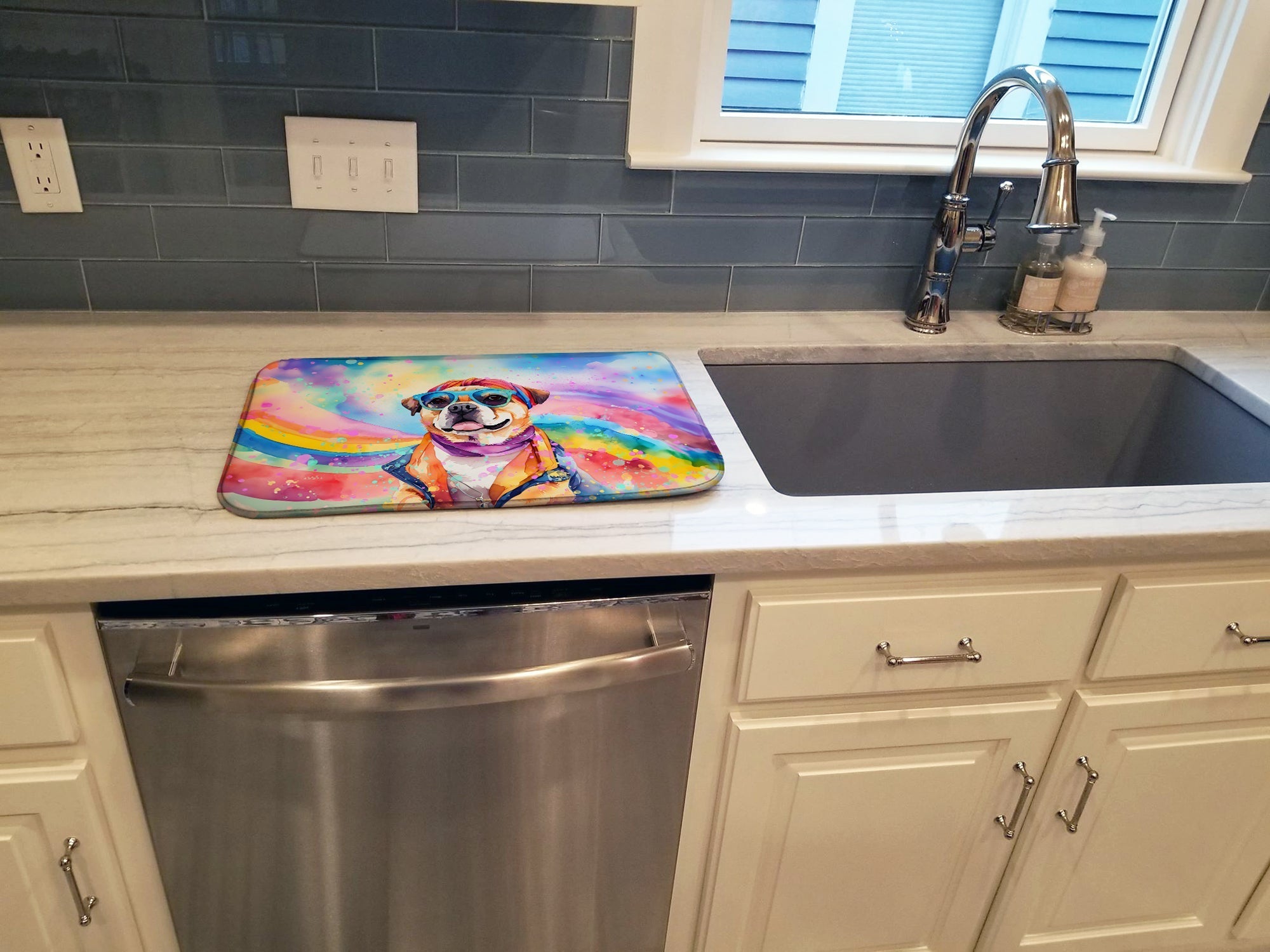 Pug Hippie Dawg Dish Drying Mat Absorbent Dish Drying Mat Pad for Kitchen Counter Dish Drainer Mat for Countertop, 14 x 21", Multicolor