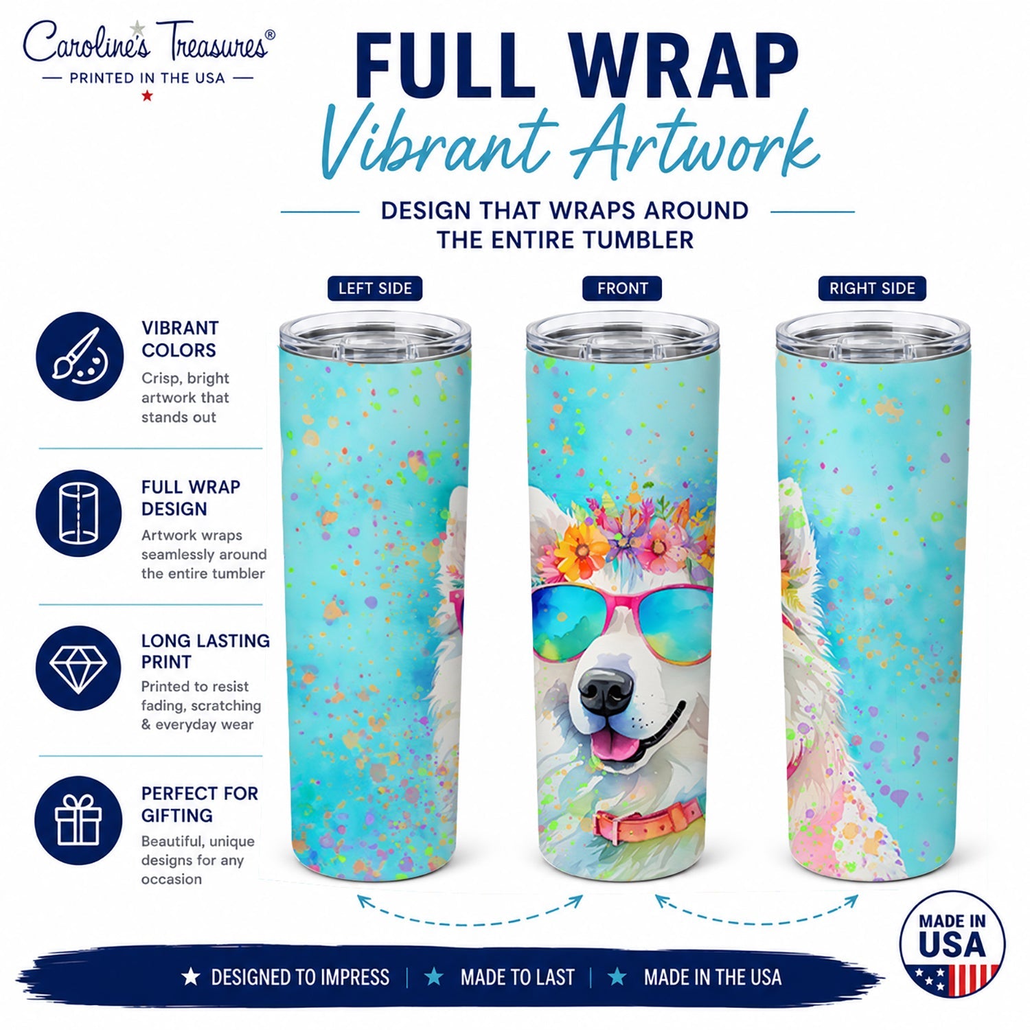 Samoyed Hippie Dawg Stainless Steel Skinny Tumbler 20 oz Vacuum Double Walled Reusable Insulated Travel Cup