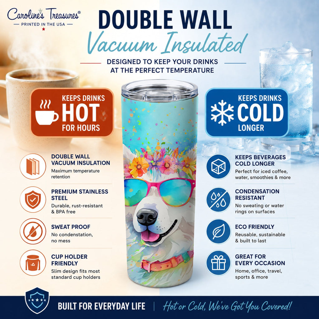 Samoyed Hippie Dawg Stainless Steel Skinny Tumbler 20 oz Vacuum Double Walled Reusable Insulated Travel Cup