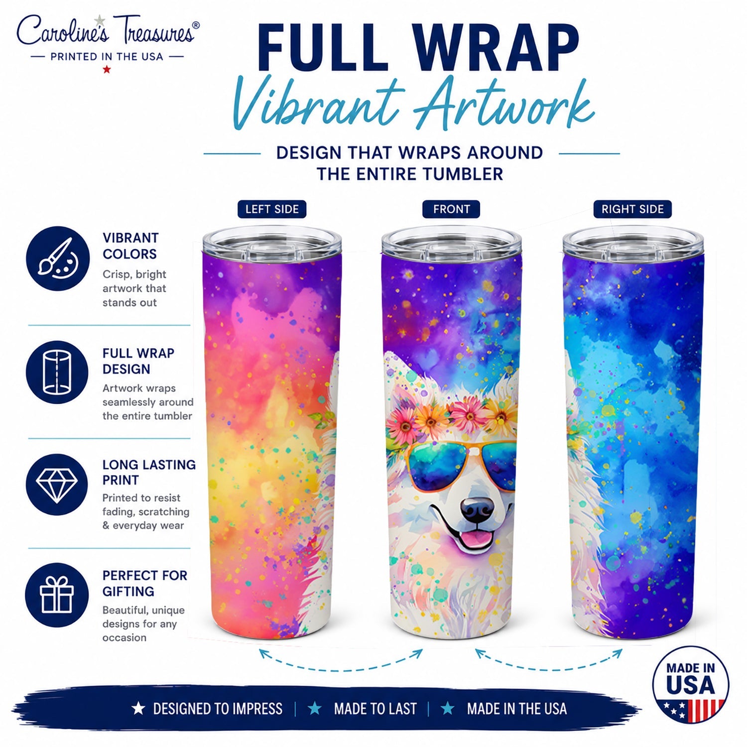 Samoyed Hippie Dawg Stainless Steel Skinny Tumbler 20 oz Vacuum Double Walled Reusable Insulated Travel Cup