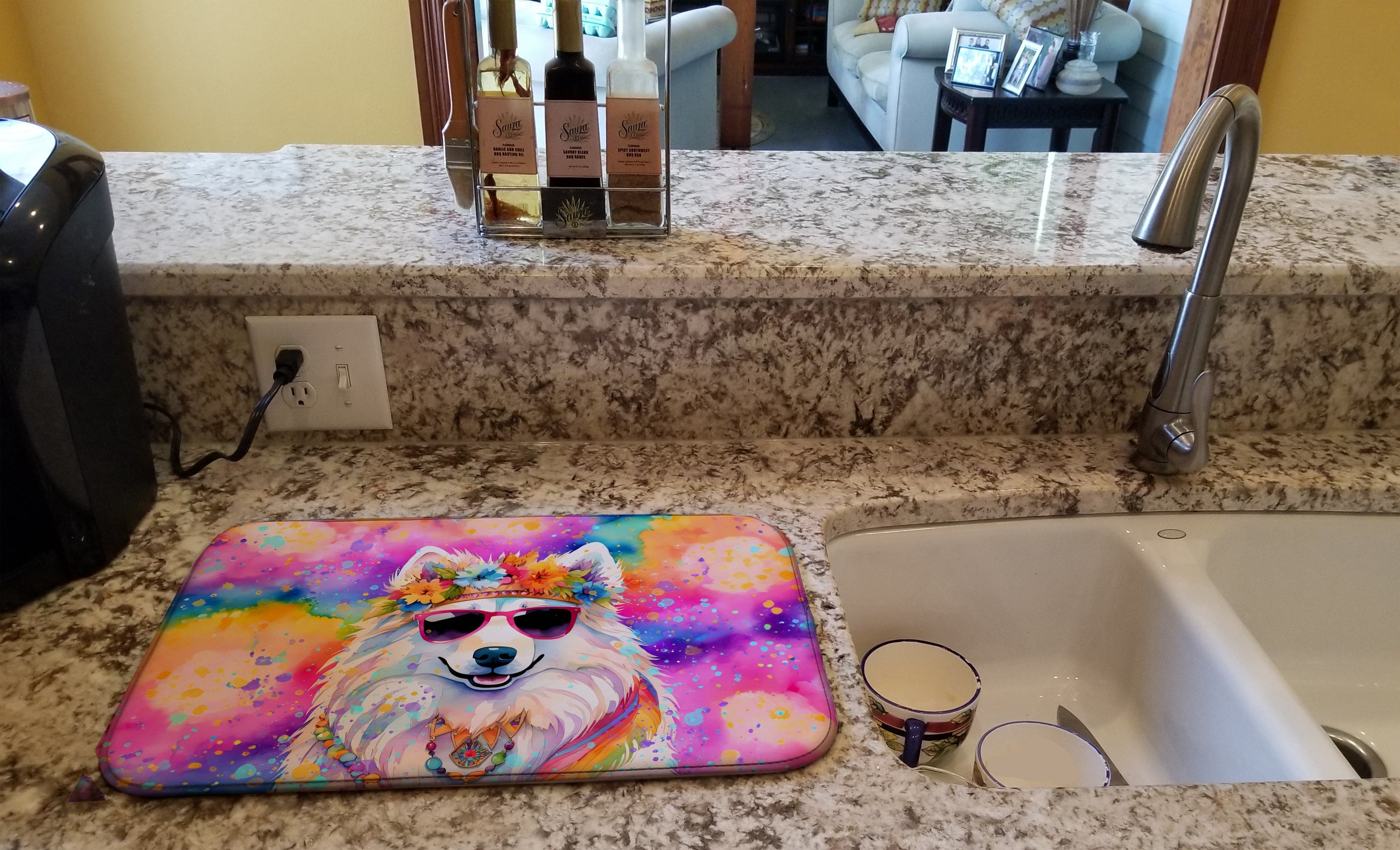 Samoyed Hippie Dawg Dish Drying Mat Absorbent Dish Drying Mat Pad for Kitchen Counter Dish Drainer Mat for Countertop, 14 x 21", Multicolor