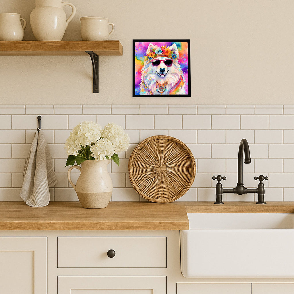 Samoyed Hippie Dawg Framed Metal Print Bathroom, Kitchen, Office, Home Decor Wall Art Ready to Hang, Square, 8X8