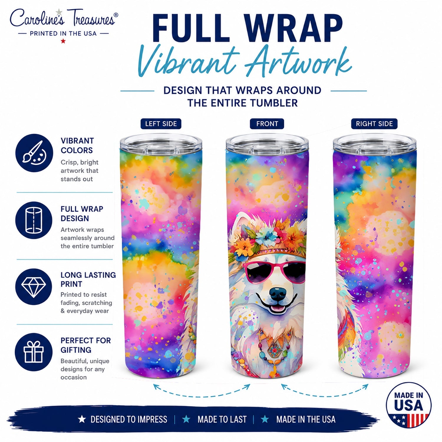 Samoyed Hippie Dawg Stainless Steel Skinny Tumbler 20 oz Vacuum Double Walled Reusable Insulated Travel Cup