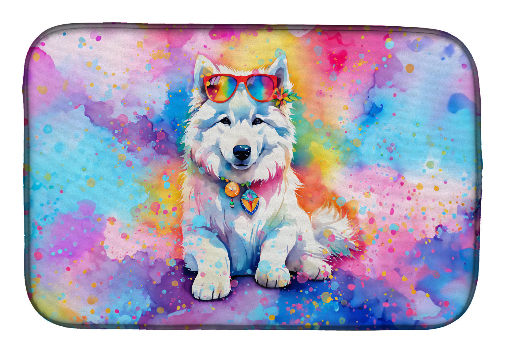 Samoyed Hippie Dawg Dish Drying Mat Absorbent Dish Drying Mat Pad for Kitchen Counter Dish Drainer Mat for Countertop, 14 x 21", Multicolor