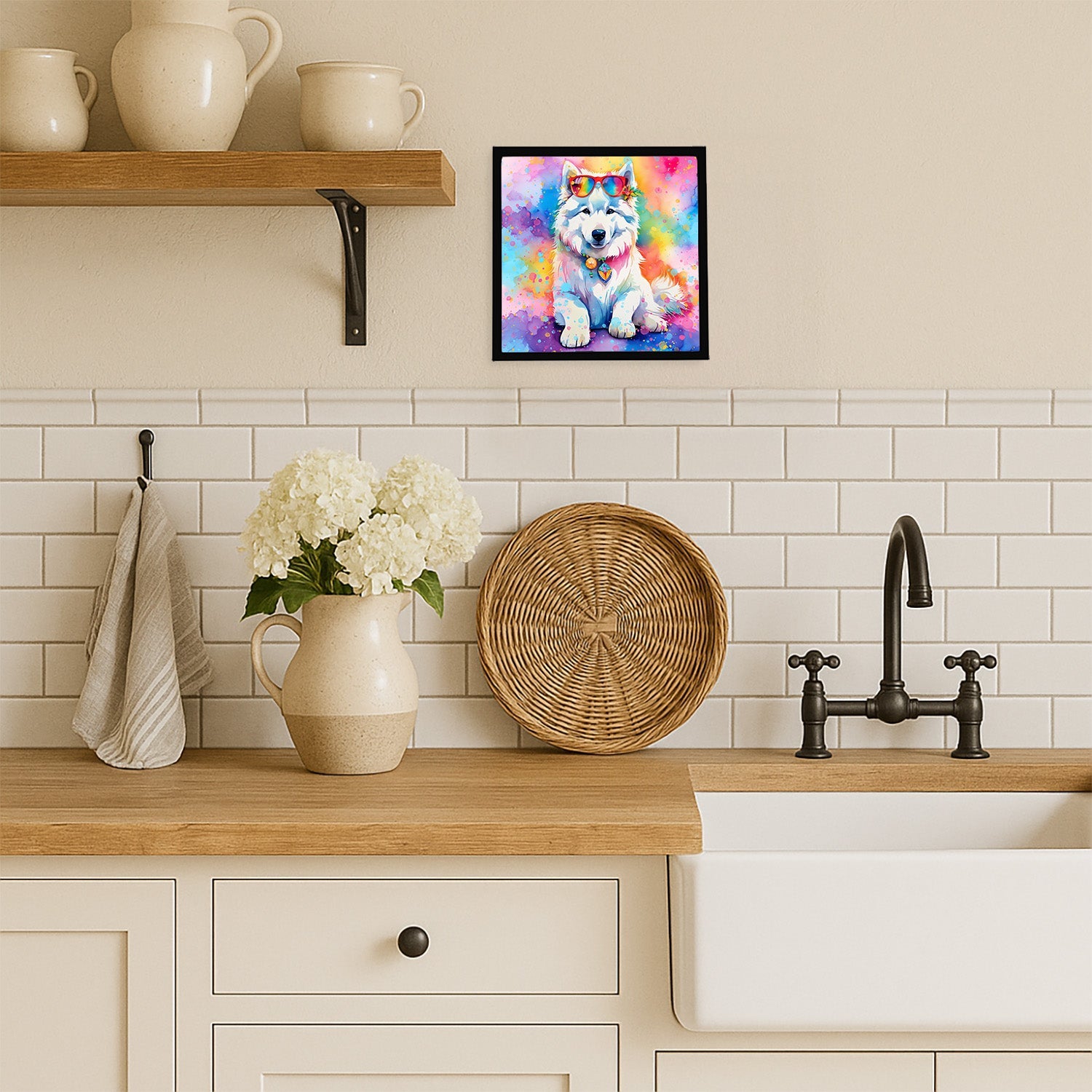 Samoyed Hippie Dawg Framed Metal Print Bathroom, Kitchen, Office, Home Decor Wall Art Ready to Hang, Square, 8X8