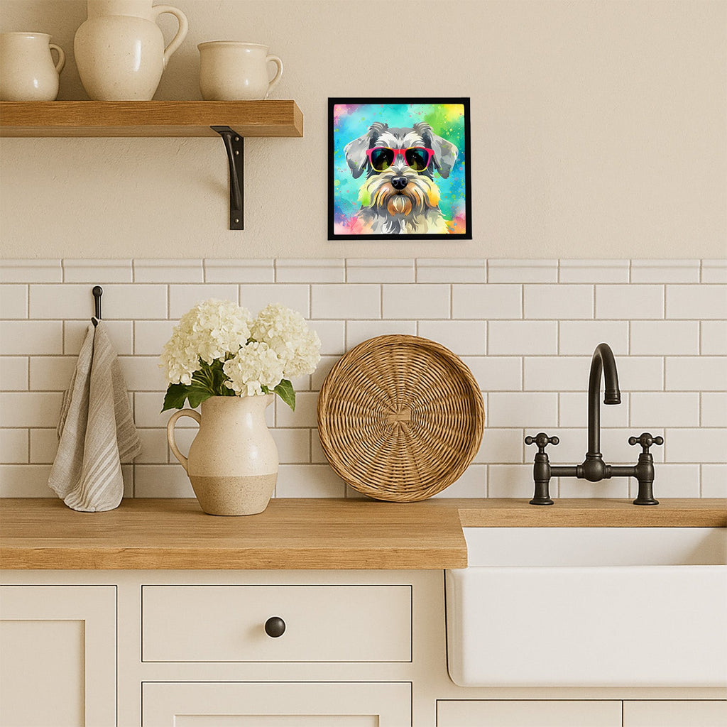 Schnauzer Hippie Dawg Framed Metal Print Bathroom, Kitchen, Office, Home Decor Wall Art Ready to Hang, Square, 8X8