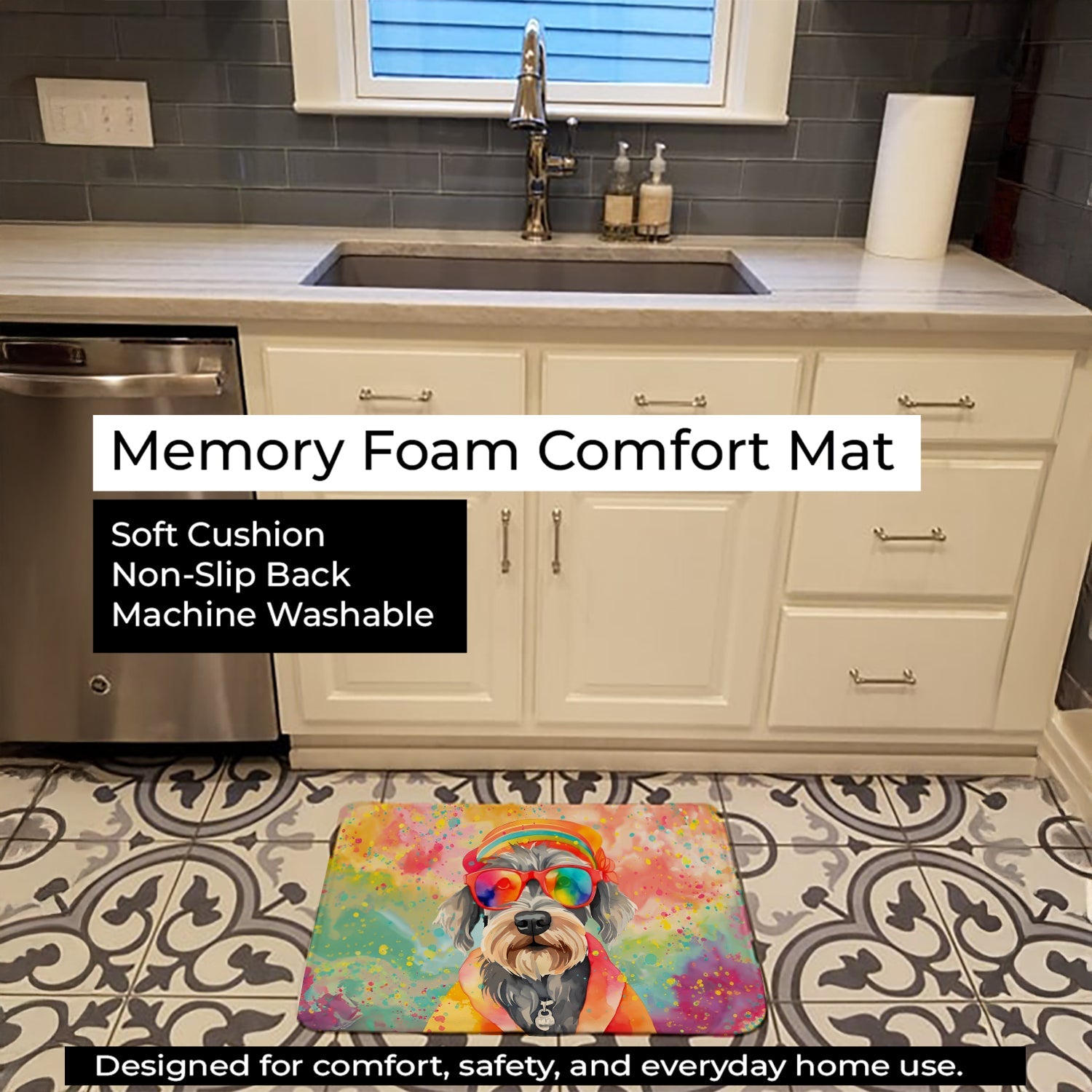 Schnauzer Hippie Dawg Memory Foam Kitchen Mat Machine Washable Anti-Fatigue Cushion Comfort Bath or Kitchen Rug