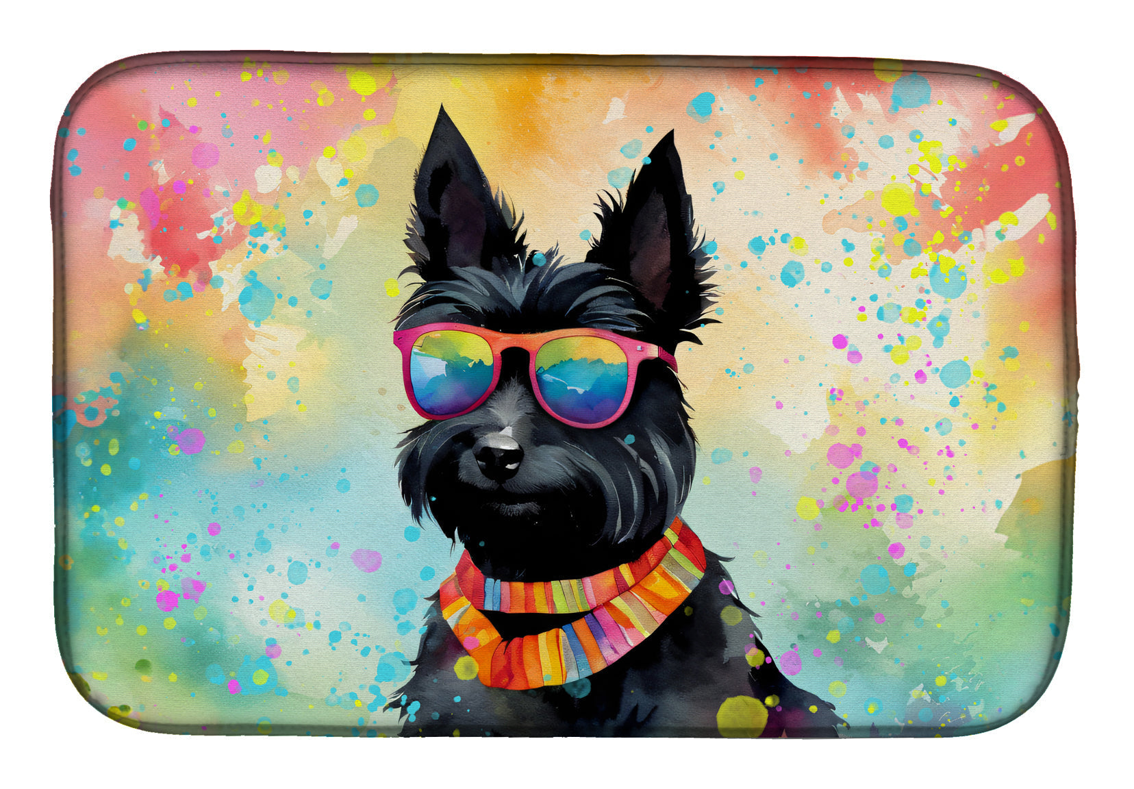 Scottish Terrier Hippie Dawg Dish Drying Mat Absorbent Dish Drying Mat Pad for Kitchen Counter Dish Drainer Mat for Countertop, 14 x 21", Multicolor