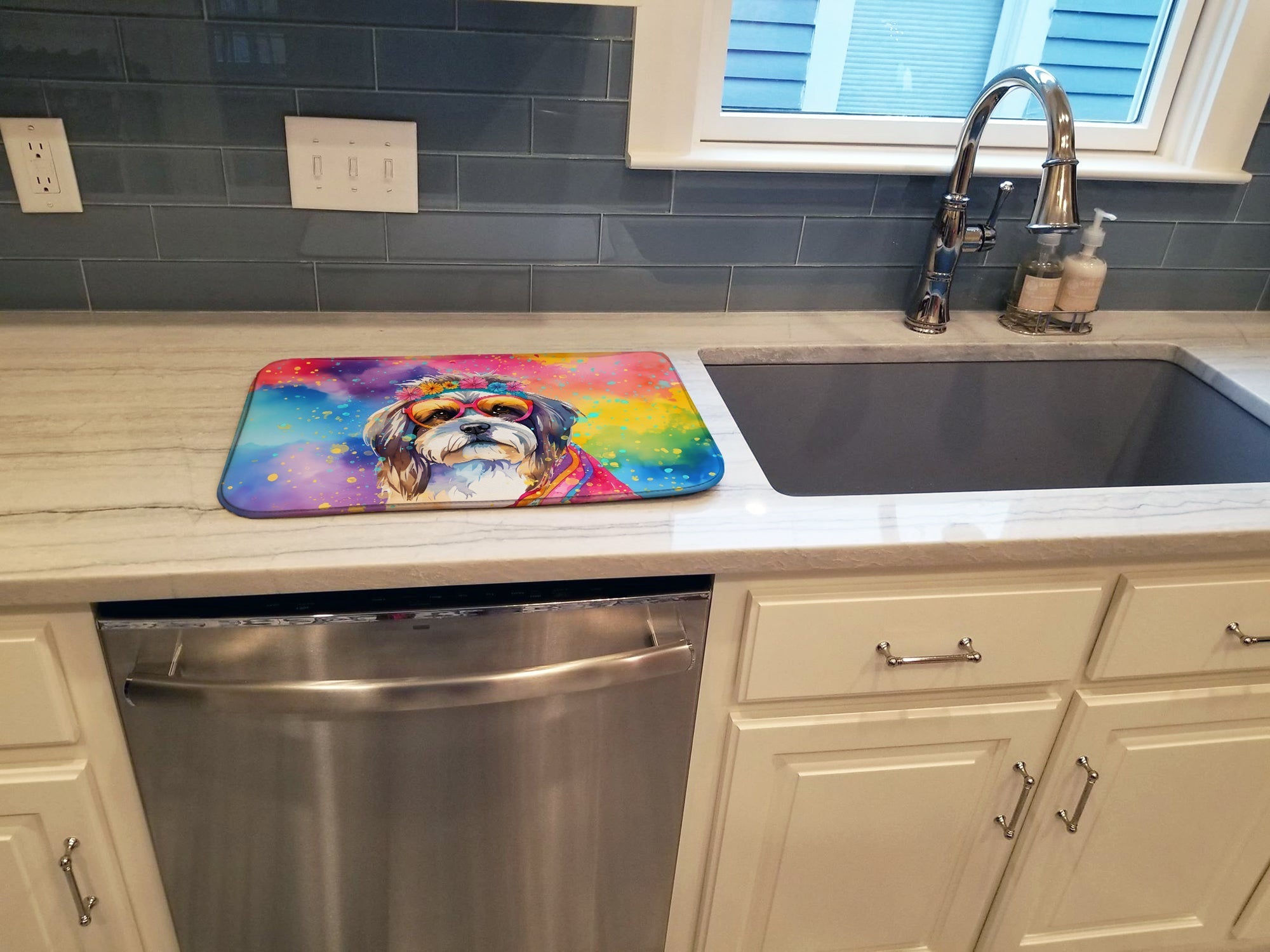 Shih Tzu Hippie Dawg Dish Drying Mat Absorbent Dish Drying Mat Pad for Kitchen Counter Dish Drainer Mat for Countertop, 14 x 21", Multicolor
