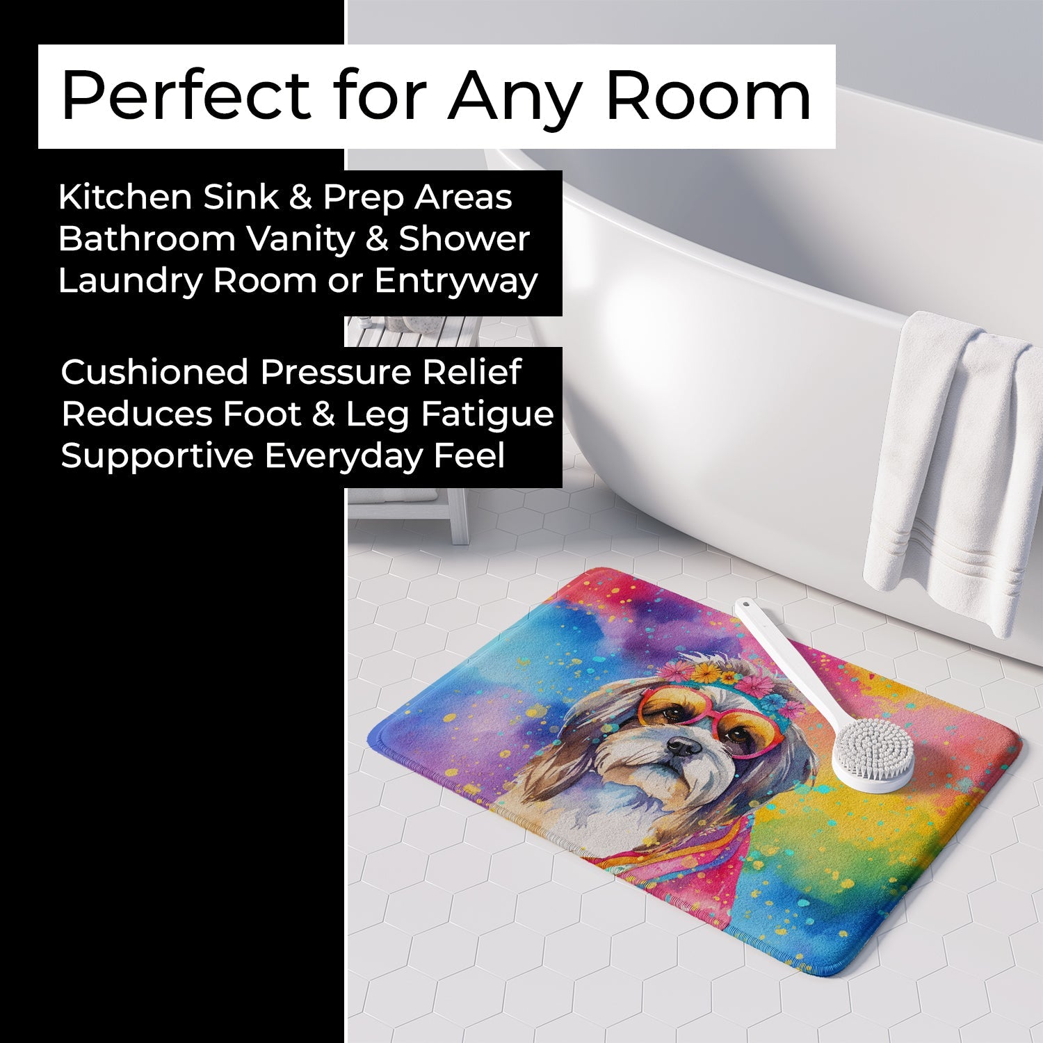 Shih Tzu Hippie Dawg Memory Foam Kitchen Mat Machine Washable Anti-Fatigue Cushion Comfort Bath or Kitchen Rug