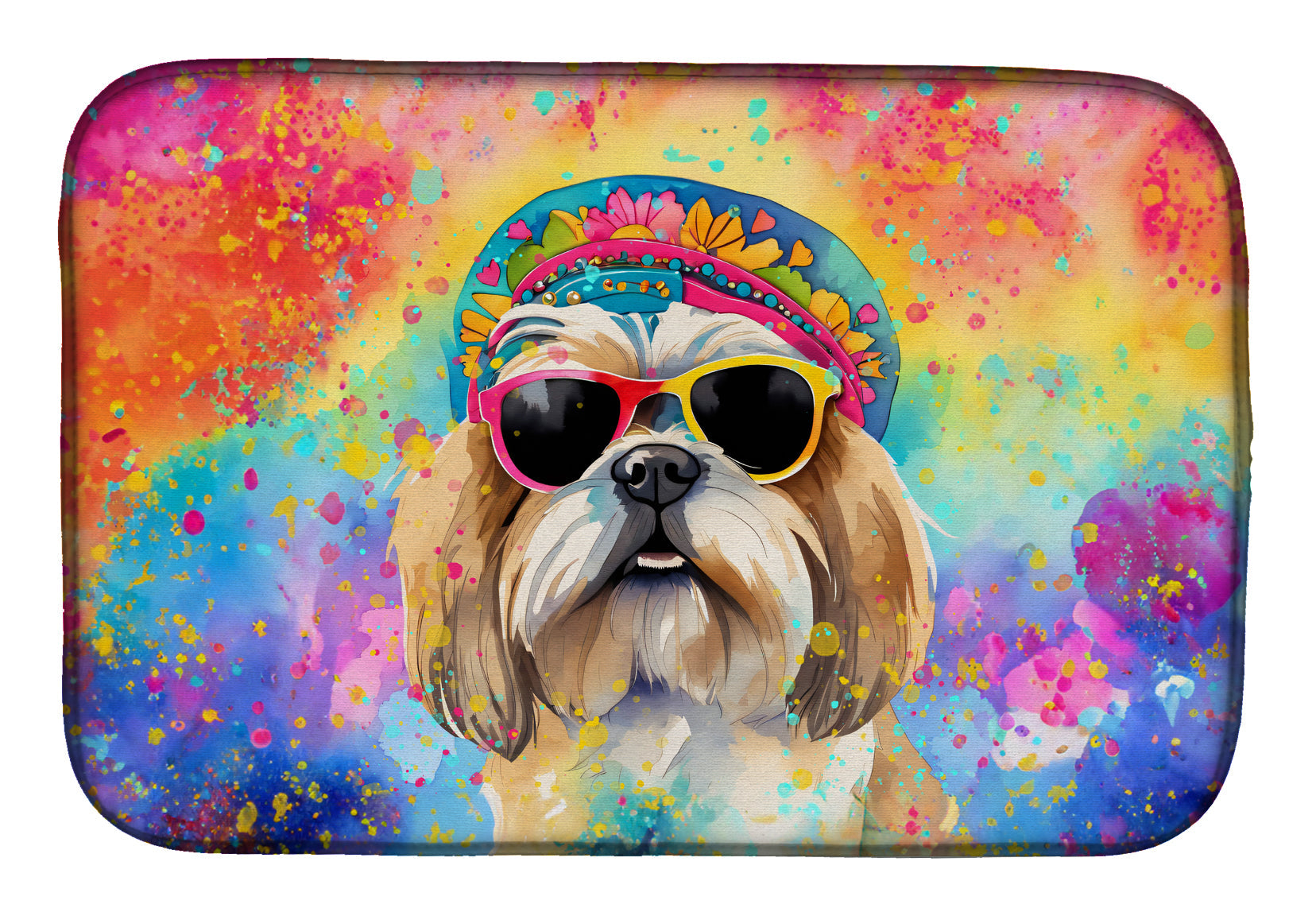 Shih Tzu Hippie Dawg Dish Drying Mat Absorbent Dish Drying Mat Pad for Kitchen Counter Dish Drainer Mat for Countertop, 14 x 21", Multicolor