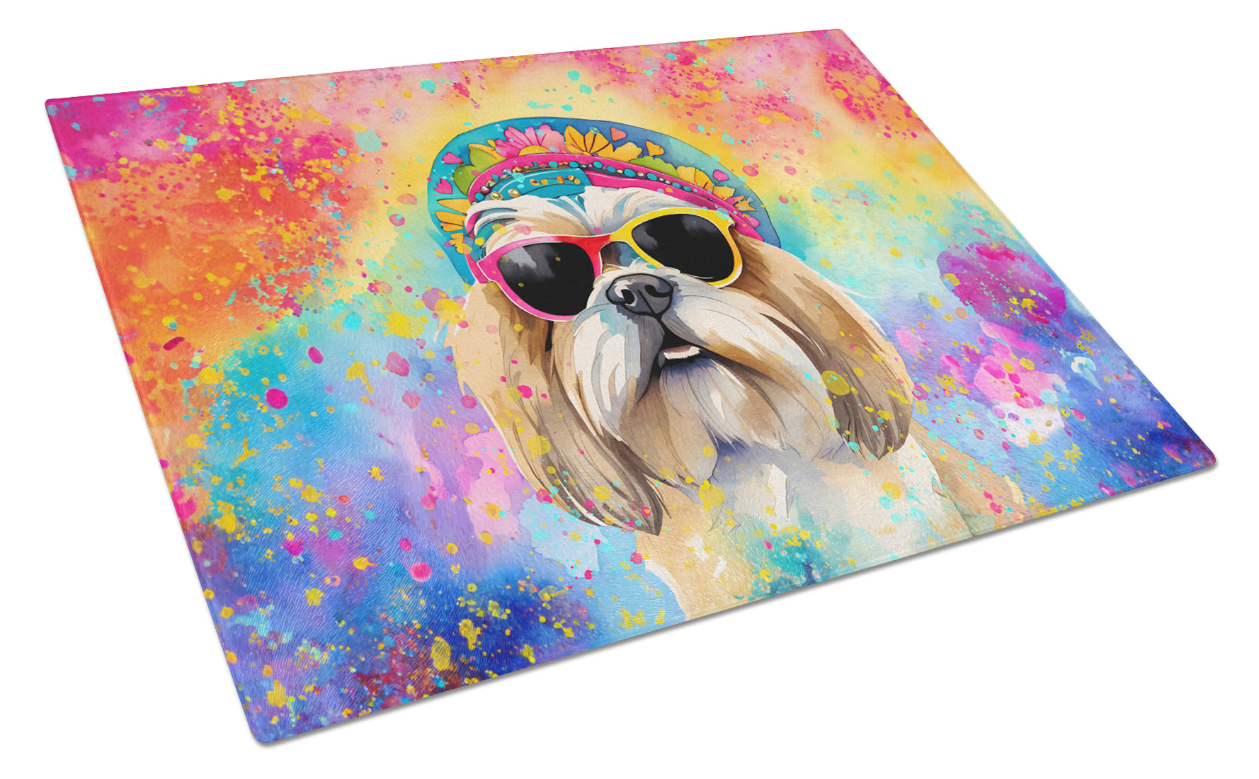 Shih Tzu Hippie Dawg Cutting Board Tempered Glass Kitchen Cutting Surface, Heat Resistant Chopping, Non-Slip Feet, Food Prep & Serving