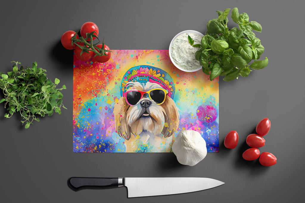 Shih Tzu Hippie Dawg Cutting Board Tempered Glass Kitchen Cutting Surface, Heat Resistant Chopping, Non-Slip Feet, Food Prep & Serving