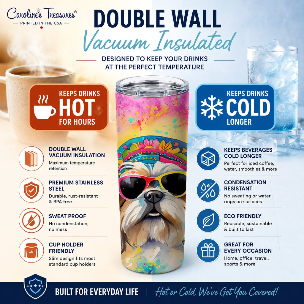 Shih Tzu Hippie Dawg Stainless Steel Skinny Tumbler 20 oz Vacuum Double Walled Reusable Insulated Travel Cup