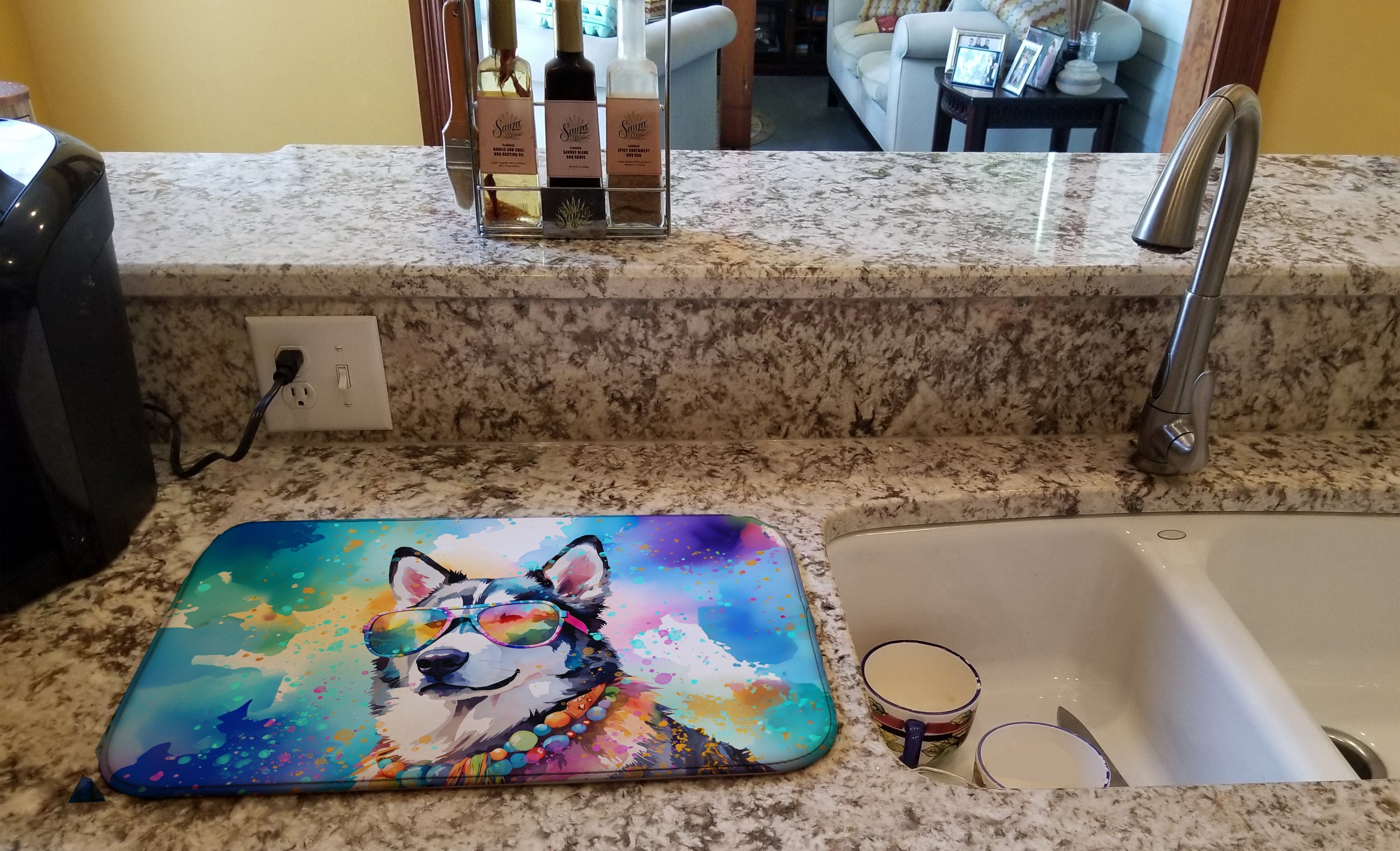 Siberian Husky Hippie Dawg Dish Drying Mat Absorbent Dish Drying Mat Pad for Kitchen Counter Dish Drainer Mat for Countertop, 14 x 21", Multicolor