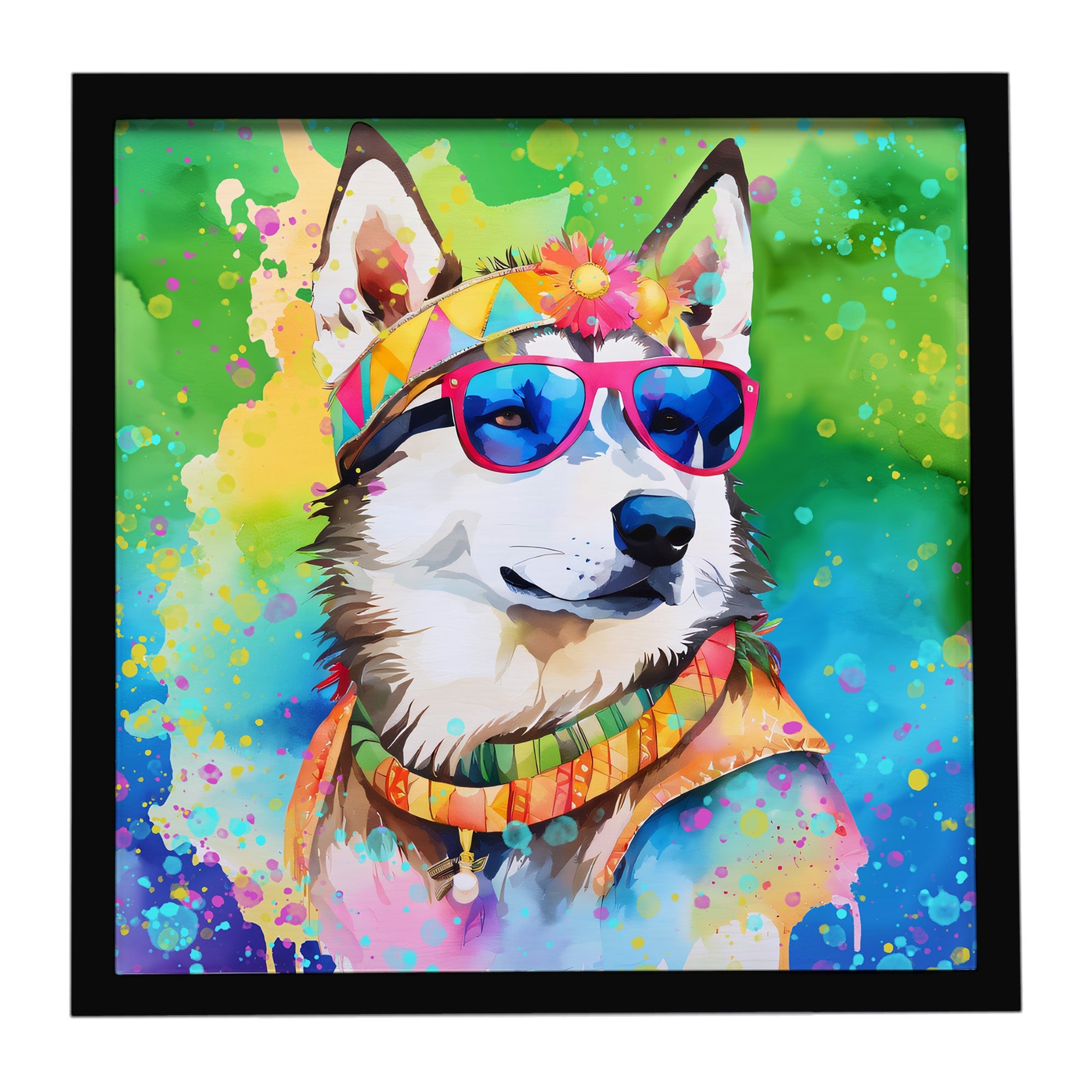 Siberian Husky Hippie Dawg Framed Metal Print Bathroom, Kitchen, Office, Home Decor Wall Art Ready to Hang, Square, 8X8