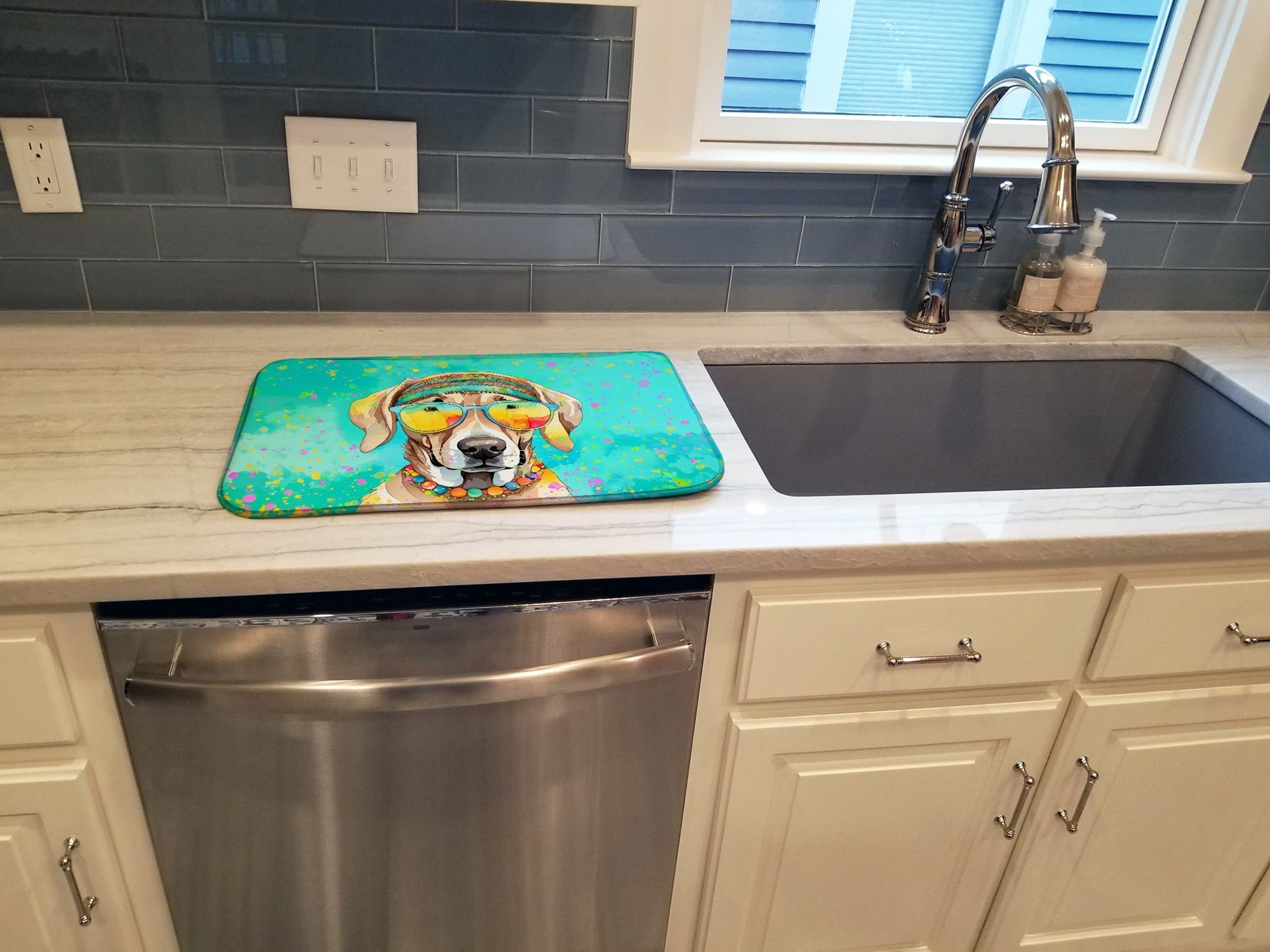 Weimaraner Hippie Dawg Dish Drying Mat Absorbent Dish Drying Mat Pad for Kitchen Counter Dish Drainer Mat for Countertop, 14 x 21", Multicolor