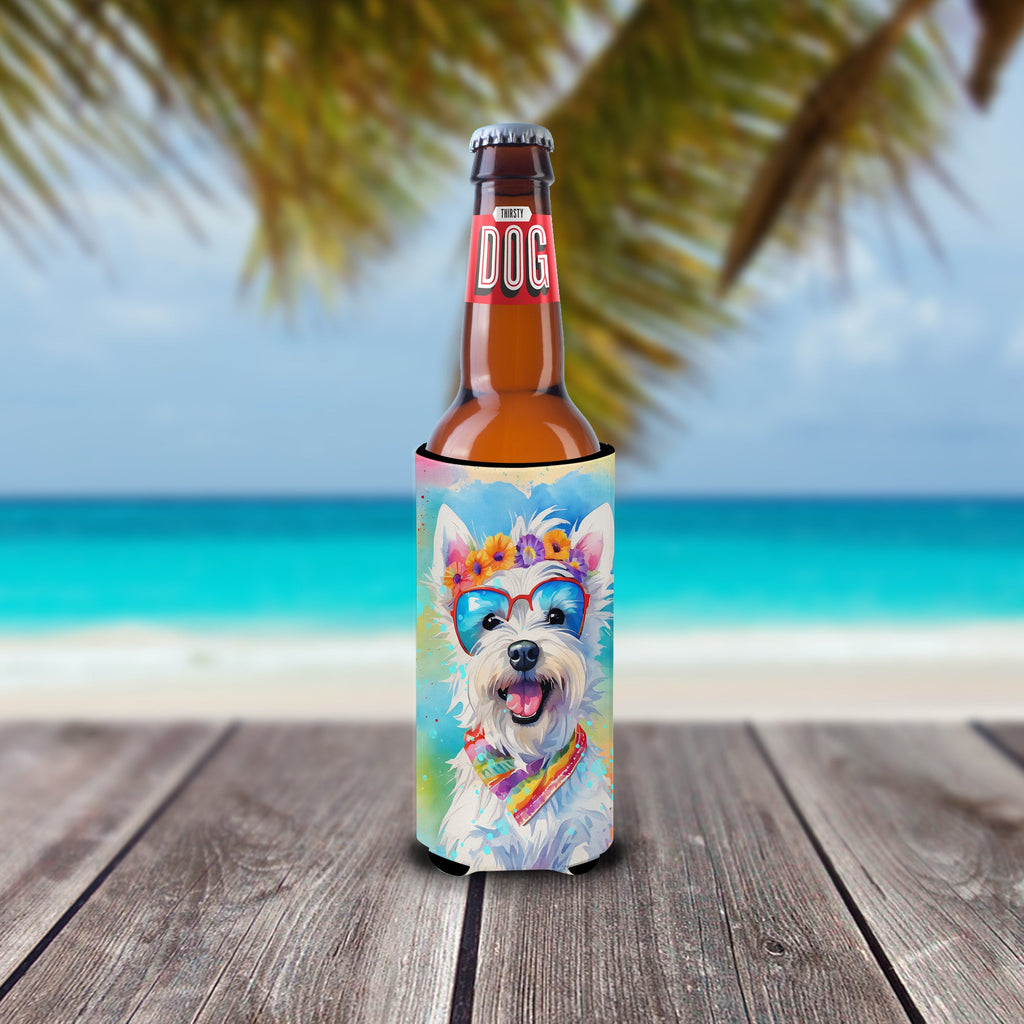 Westie Hippie Dawg Slim Can Hugger , Insulated Foam Hugger for 12 oz Slim Cans, Beer Bottles & Water Bottles, Printed in USA