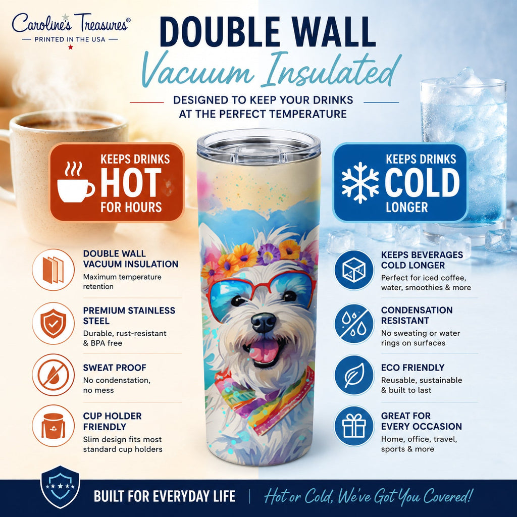 Westie Hippie Dawg Stainless Steel Skinny Tumbler 20 oz Vacuum Double Walled Reusable Insulated Travel Cup