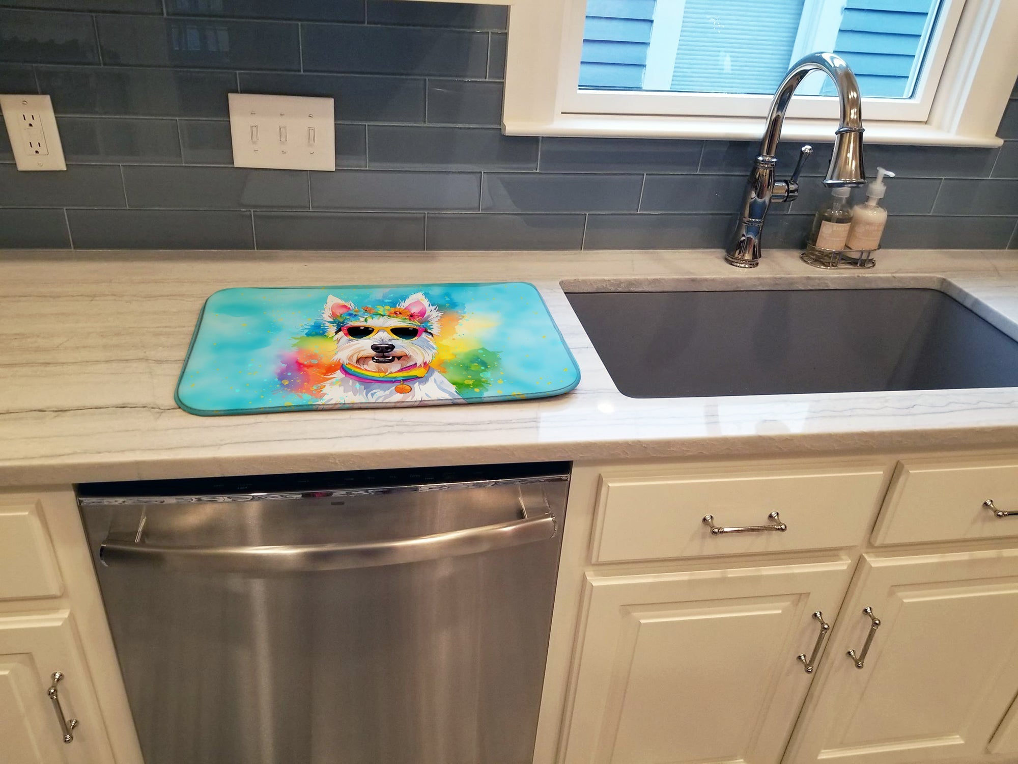 Westie Hippie Dawg Dish Drying Mat Absorbent Dish Drying Mat Pad for Kitchen Counter Dish Drainer Mat for Countertop, 14 x 21", Multicolor