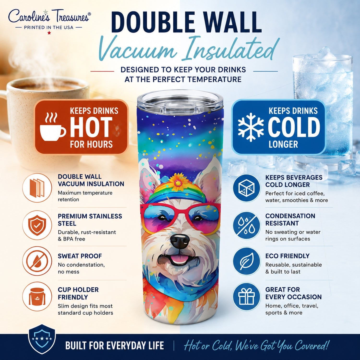 Westie Hippie Dawg Stainless Steel Skinny Tumbler 20 oz Vacuum Double Walled Reusable Insulated Travel Cup