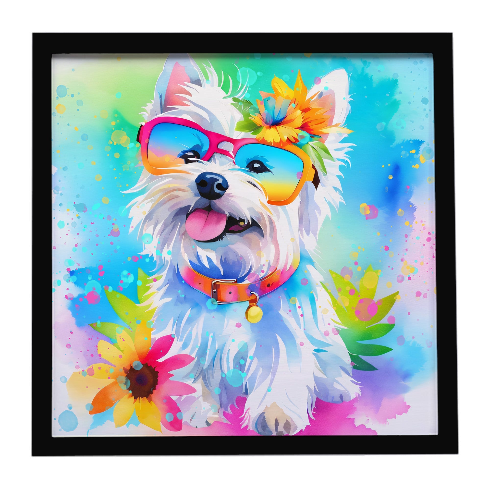 Westie Hippie Dawg Framed Metal Print Bathroom, Kitchen, Office, Home Decor Wall Art Ready to Hang, Square, 8X8