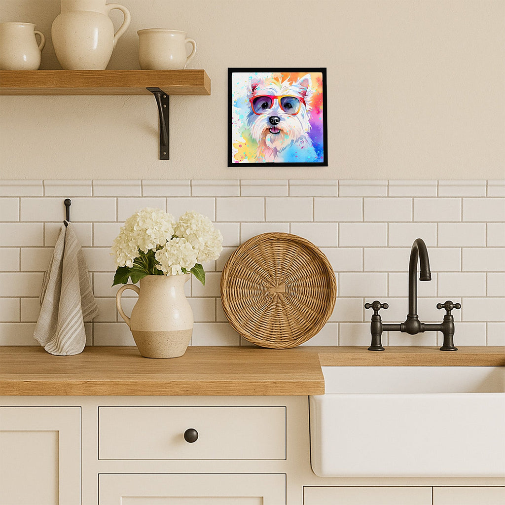 Westie Hippie Dawg Framed Metal Print Bathroom, Kitchen, Office, Home Decor Wall Art Ready to Hang, Square, 8X8