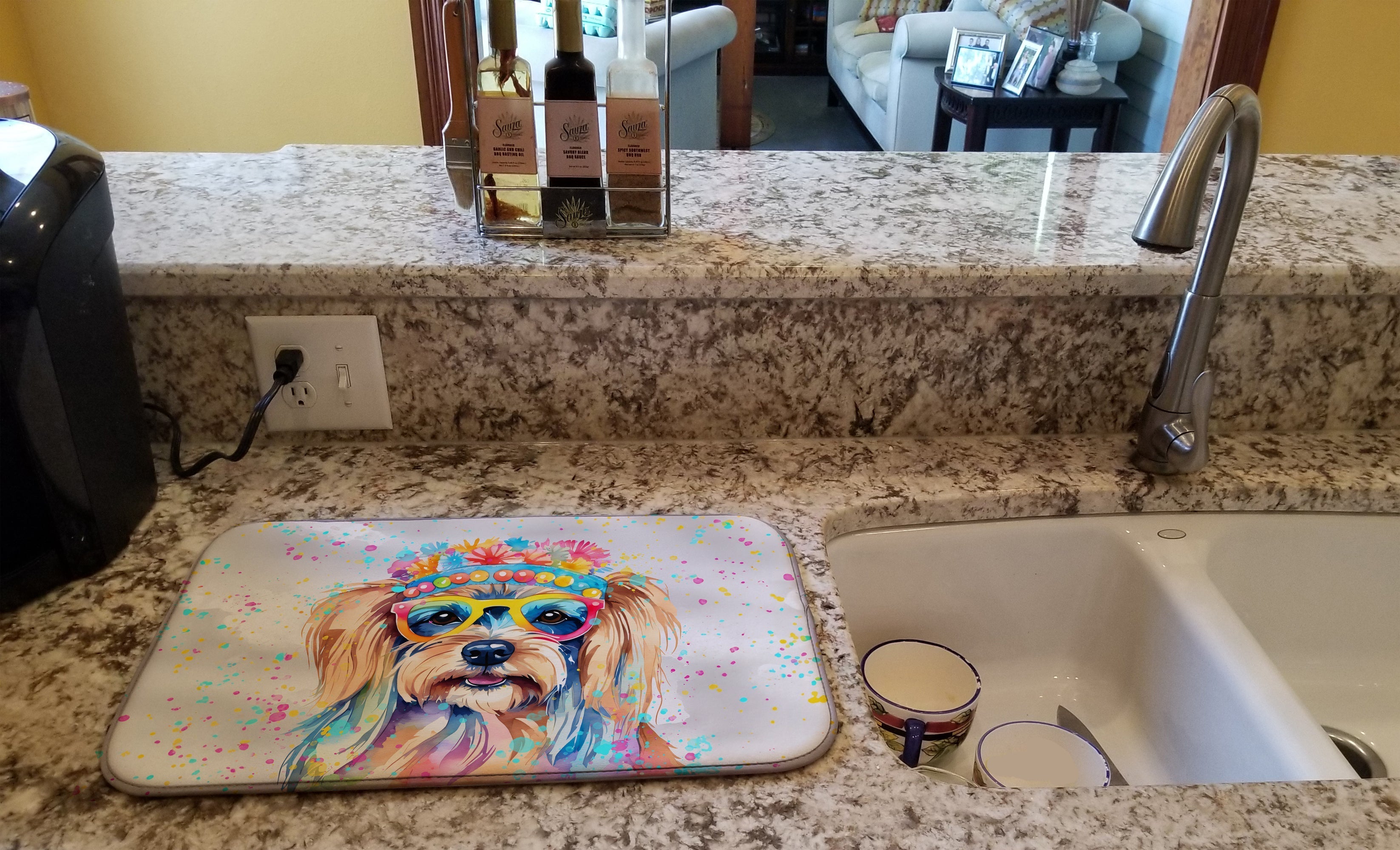Yorkshire Terrier Hippie Dawg Dish Drying Mat Absorbent Dish Drying Mat Pad for Kitchen Counter Dish Drainer Mat for Countertop, 14 x 21", Multicolor
