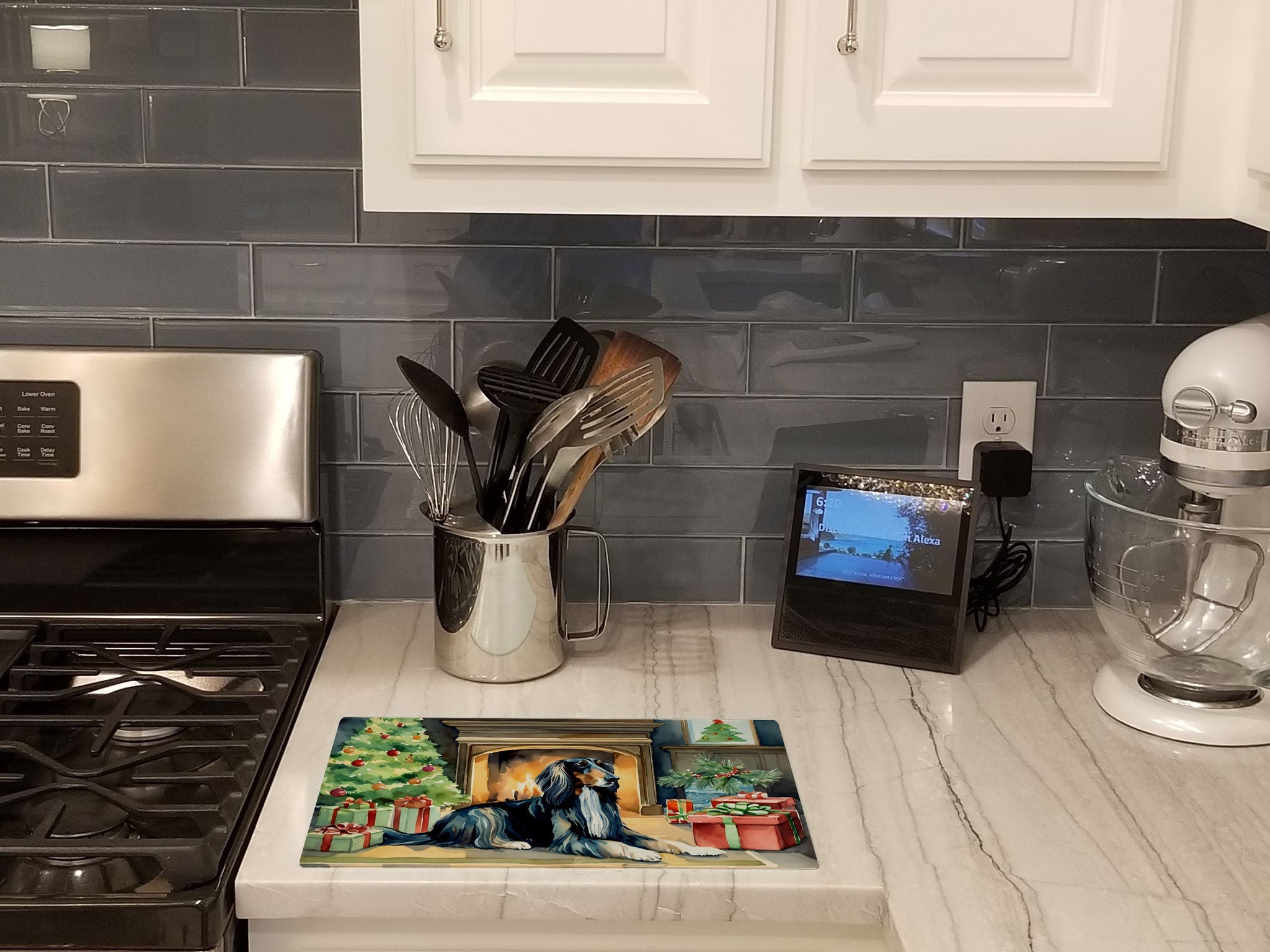 Afghan Hound Cozy Christmas Cutting Board Tempered Glass Kitchen Cutting Surface, Heat Resistant Chopping, Non-Slip Feet, Food Prep & Serving