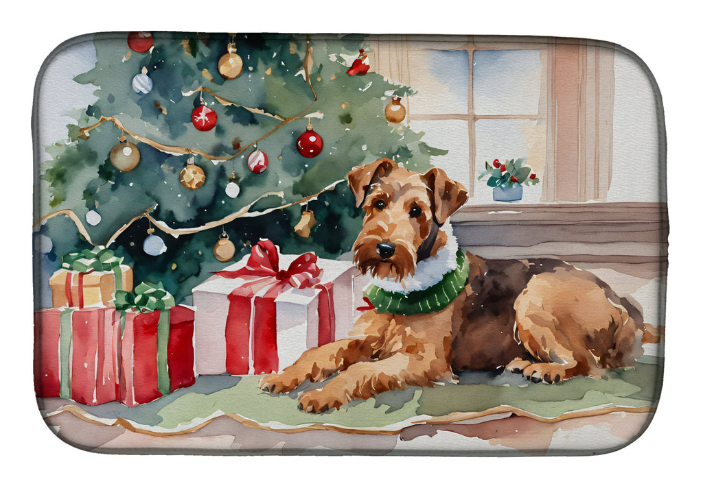 Airedale Terrier Cozy Christmas Dish Drying Mat Absorbent Dish Drying Mat Pad for Kitchen Counter Dish Drainer Mat for Countertop, 14 x 21", Multicolor