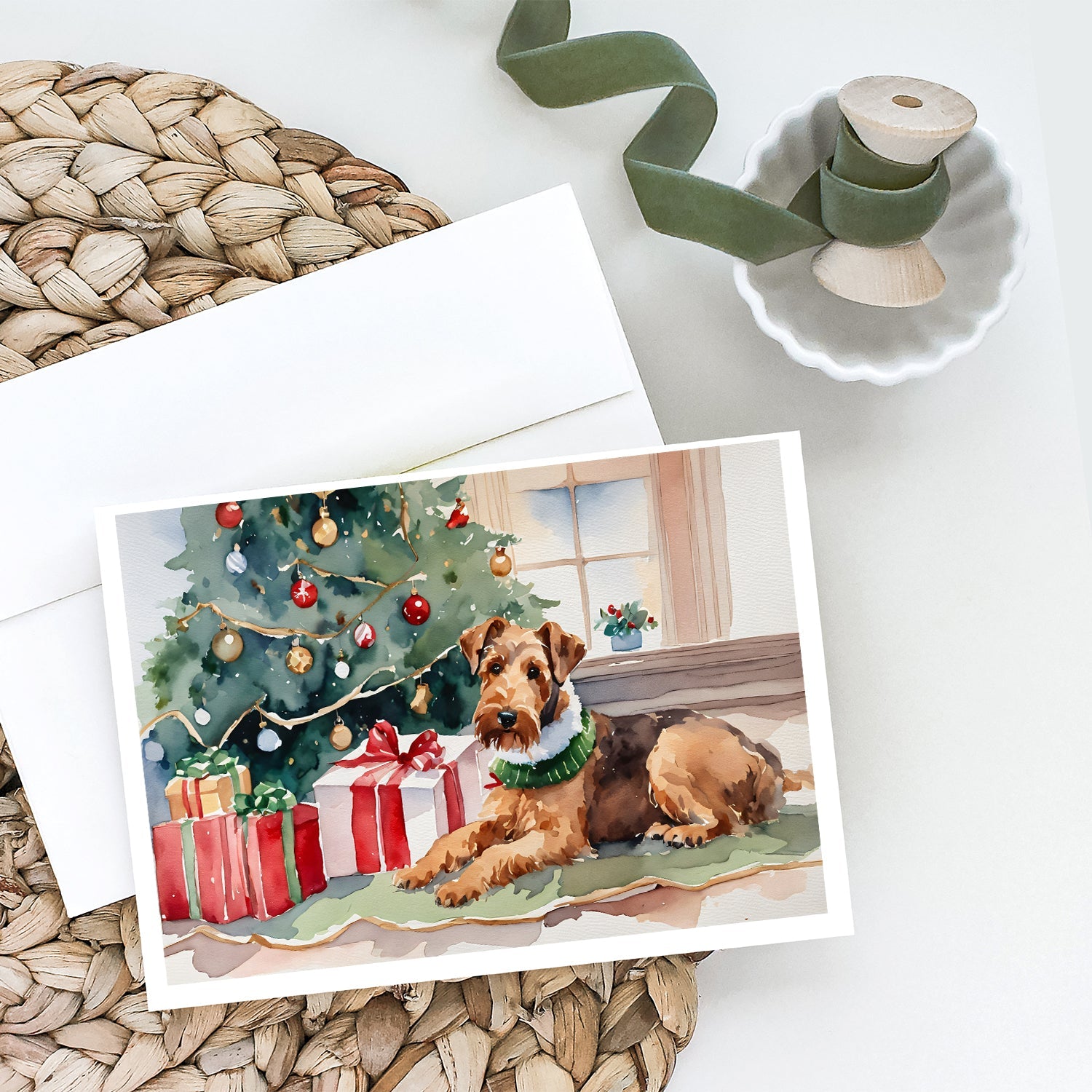 Airedale Terrier Cozy Christmas Greeting Cards Pack of 8 Blank Cards with Envelopes Whimsical A7 Size 5x7