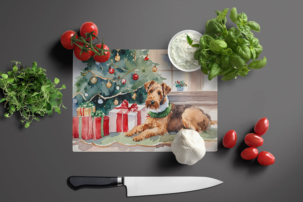 Airedale Terrier Cozy Christmas Cutting Board Tempered Glass Kitchen Cutting Surface, Heat Resistant Chopping, Non-Slip Feet, Food Prep & Serving
