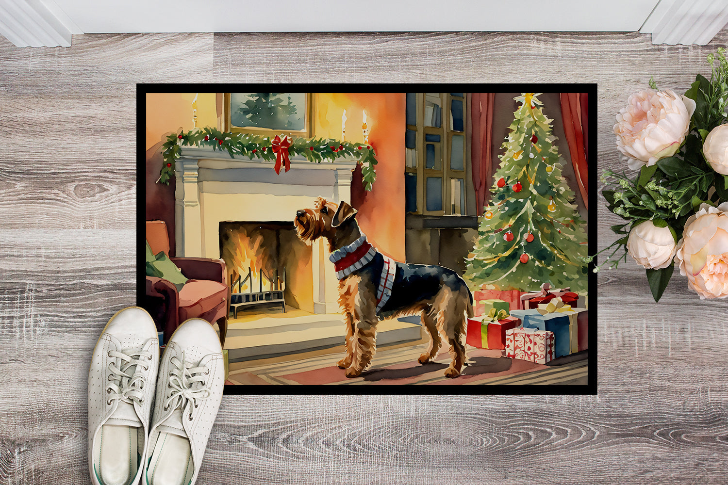 Airedale Terrier Cozy Christmas Doormat Indoor Outdoor 24H X 36W Front Door Mat Rugs for Entryway, Non Slip Washable Low Pile,