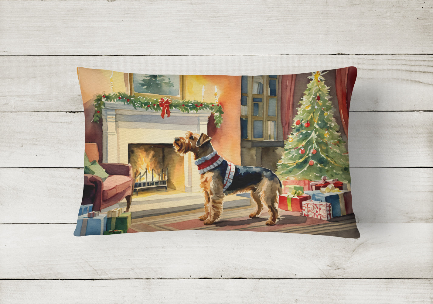 Airedale Terrier Cozy Christmas Decorative Throw Pillow 12x16 Indoor Outdoor Accent Cushion, Fabric Cover with Insert for Sofa, Bed, Porch & Living Room