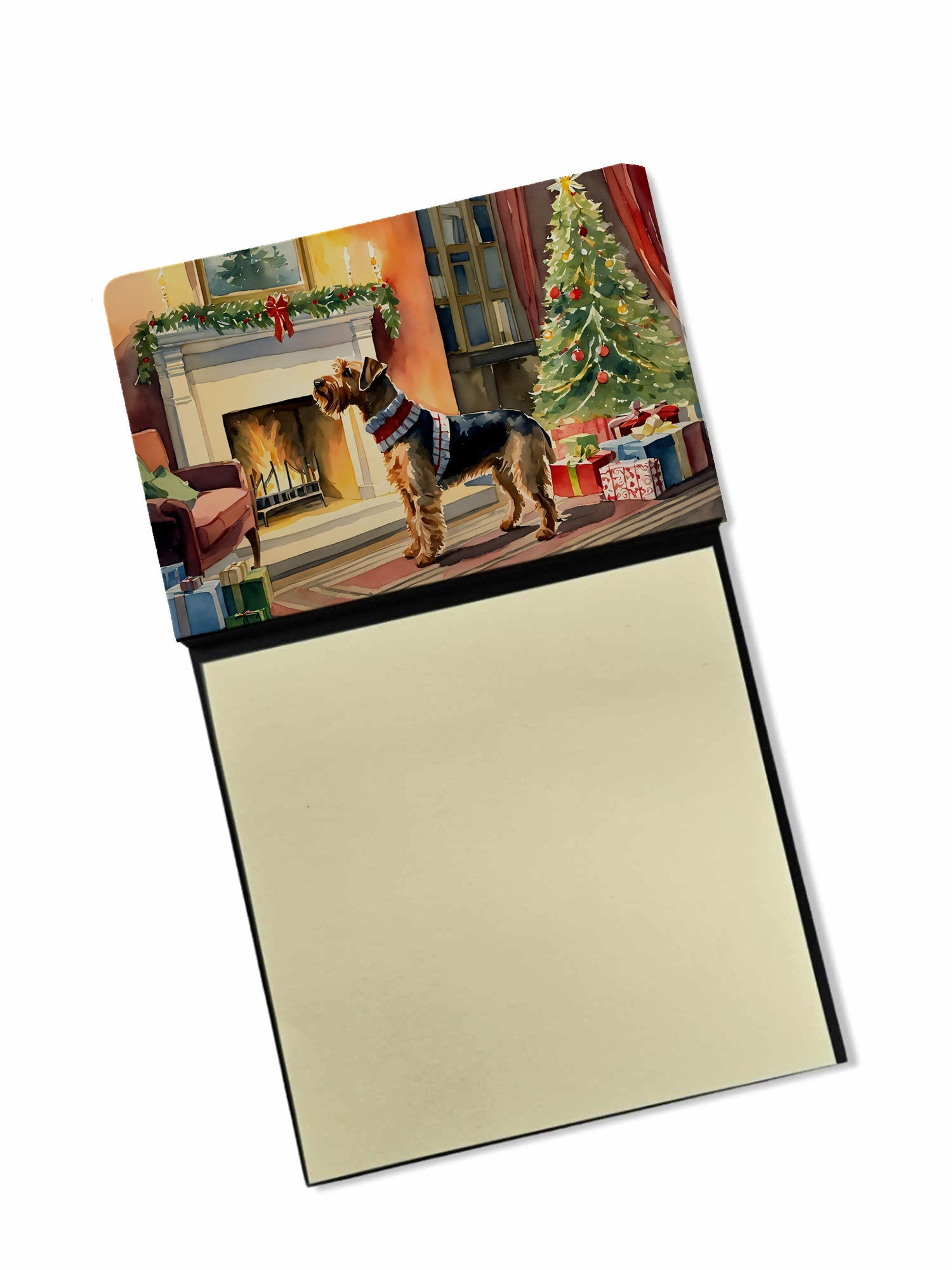 Airedale Terrier Cozy Christmas Watercolor Sticky Note Holder Refillable Dispenser Desk Accessory 3x3 Pad Gift