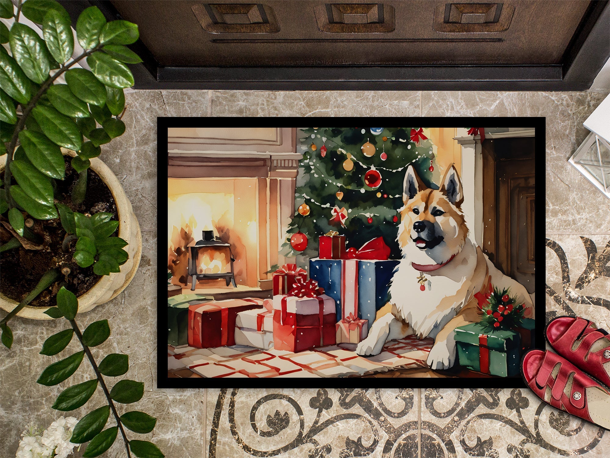 Akita Cozy Christmas Doormat Indoor Outdoor 24H X 36W Front Door Mat Rugs for Entryway, Non Slip Washable Low Pile,