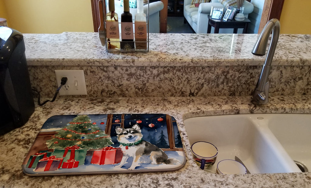 Alaskan Klee Kai Cozy Christmas Dish Drying Mat Absorbent Dish Drying Mat Pad for Kitchen Counter Dish Drainer Mat for Countertop, 14 x 21", Multicolor