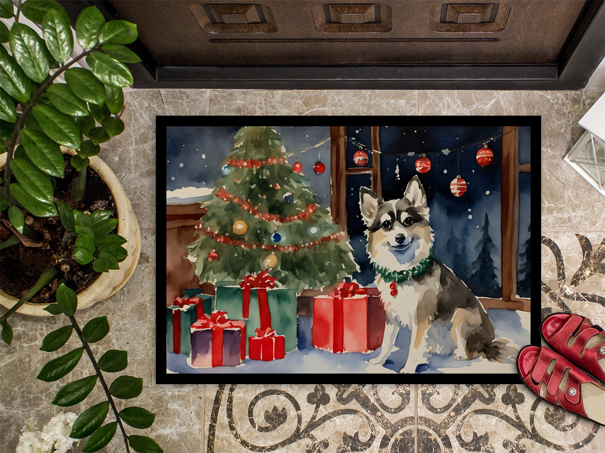 Alaskan Klee Kai Cozy Christmas Doormat Indoor Outdoor 18H X 27W Front Door Mat Rugs for Entryway, Non Slip Washable