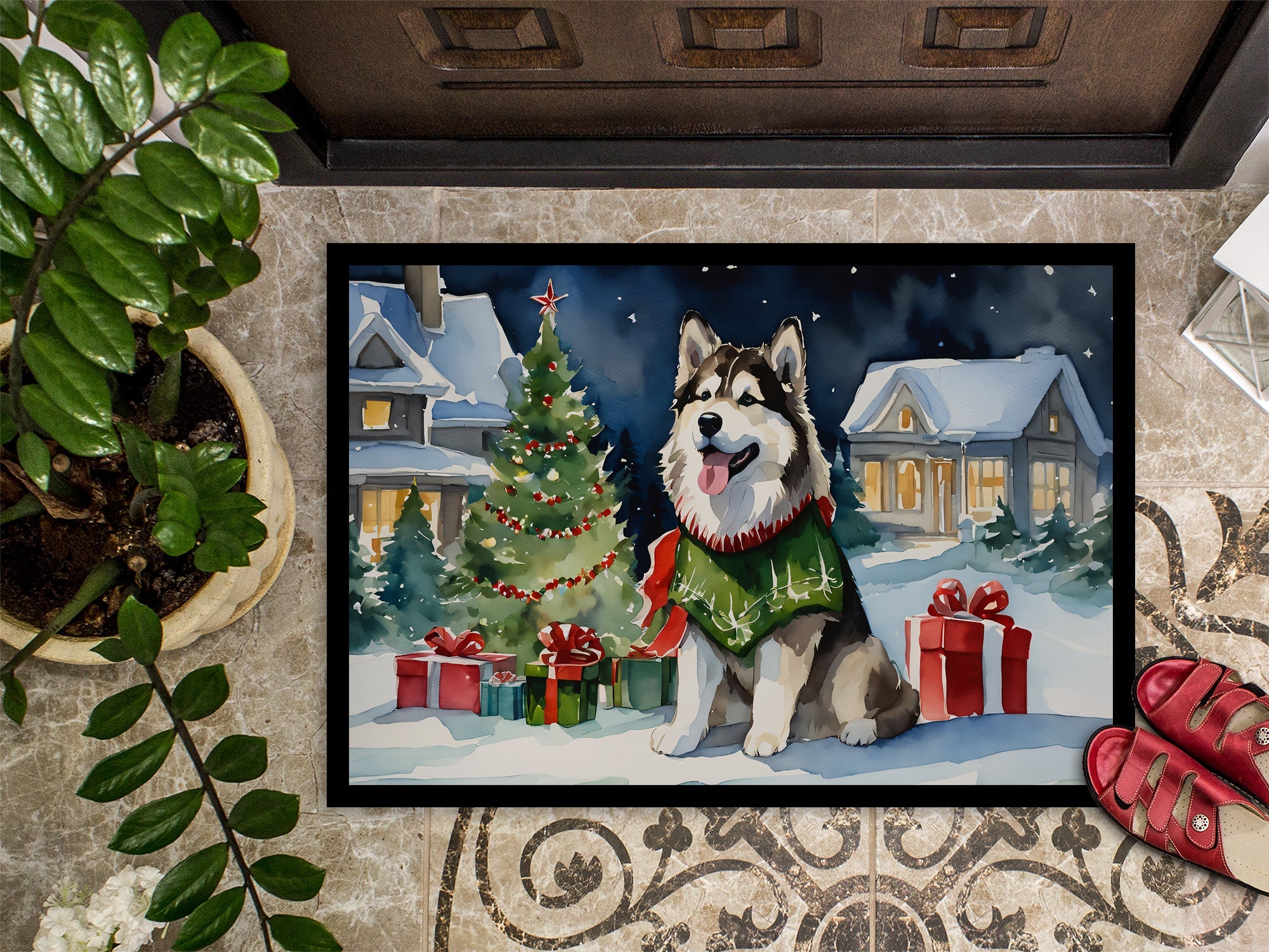 Alaskan Malamute Cozy Christmas Doormat Indoor Outdoor 24H X 36W Front Door Mat Rugs for Entryway, Non Slip Washable Low Pile,