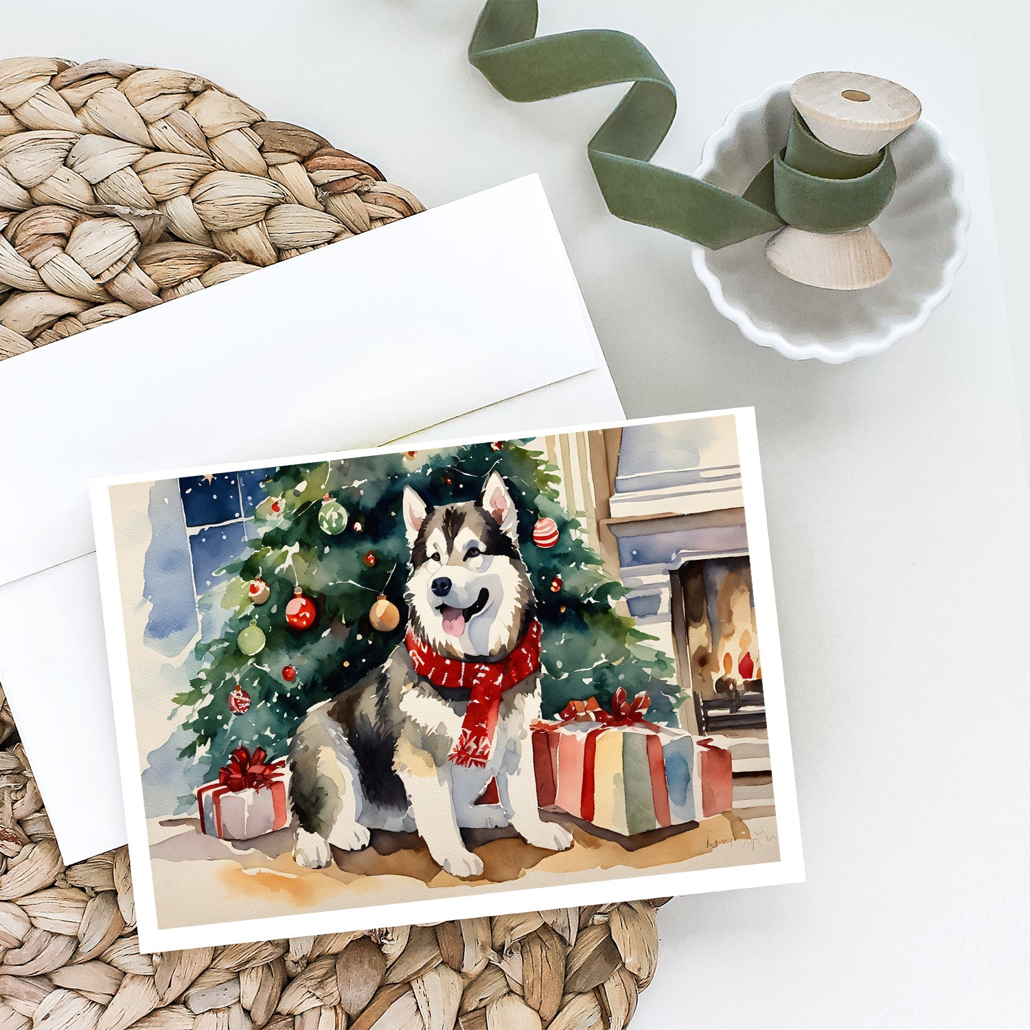 Alaskan Malamute Cozy Christmas Greeting Cards Pack of 8 Blank Cards with Envelopes Whimsical A7 Size 5x7