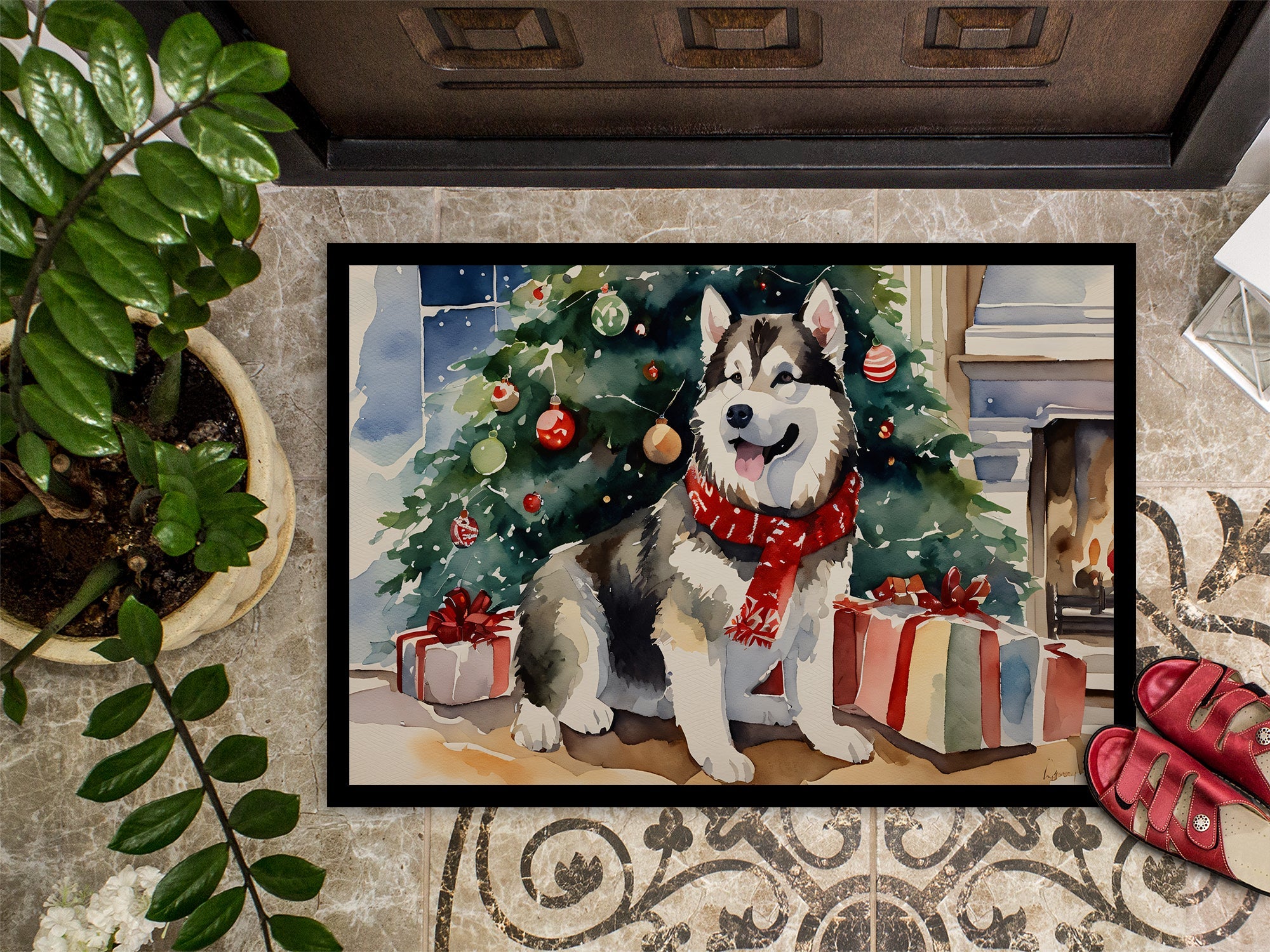 Alaskan Malamute Cozy Christmas Doormat Indoor Outdoor 18H X 27W Front Door Mat Rugs for Entryway, Non Slip Washable