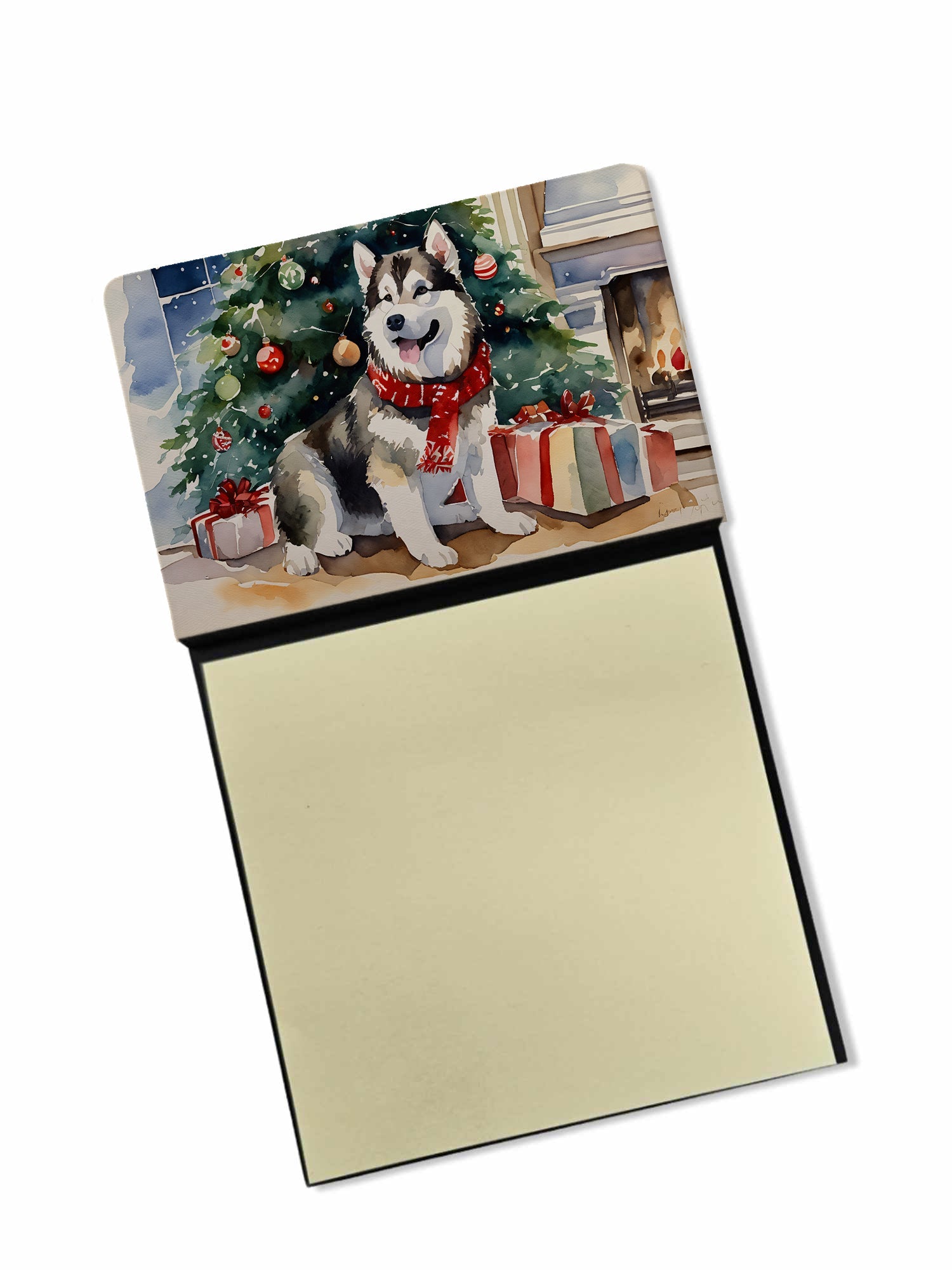 Alaskan Malamute Cozy Christmas Watercolor Sticky Note Holder Refillable Dispenser Desk Accessory 3x3 Pad Gift