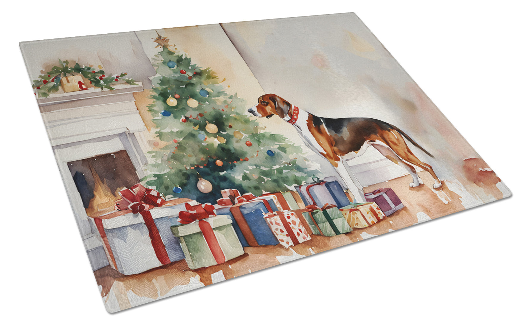 American English Coonhound Cozy Christmas Cutting Board Tempered Glass Kitchen Cutting Surface, Heat Resistant Chopping, Non-Slip Feet, Food Prep & Serving